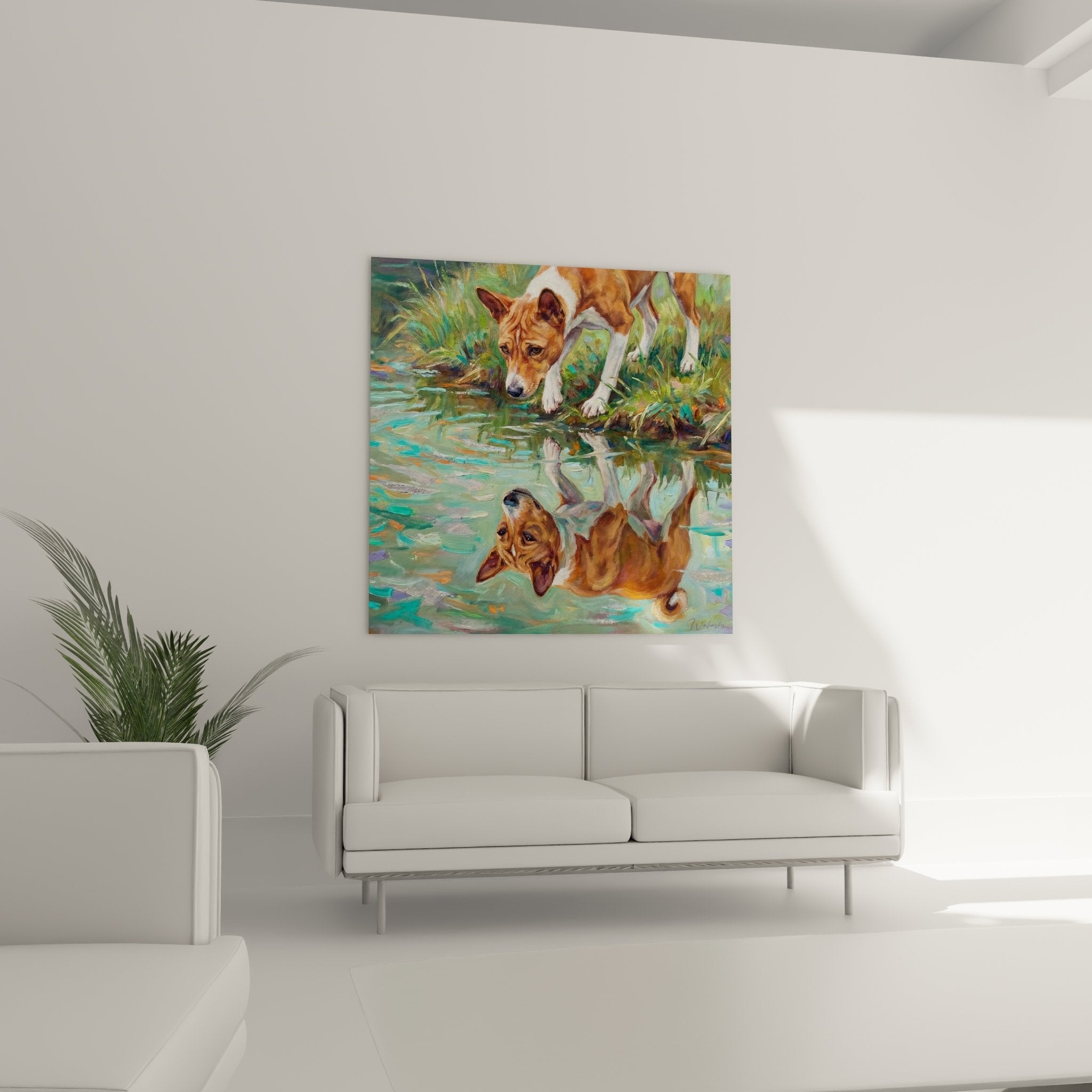 Detail of the artwork showing the Basenji's curious gaze and colorful reflections in crystal-clear water