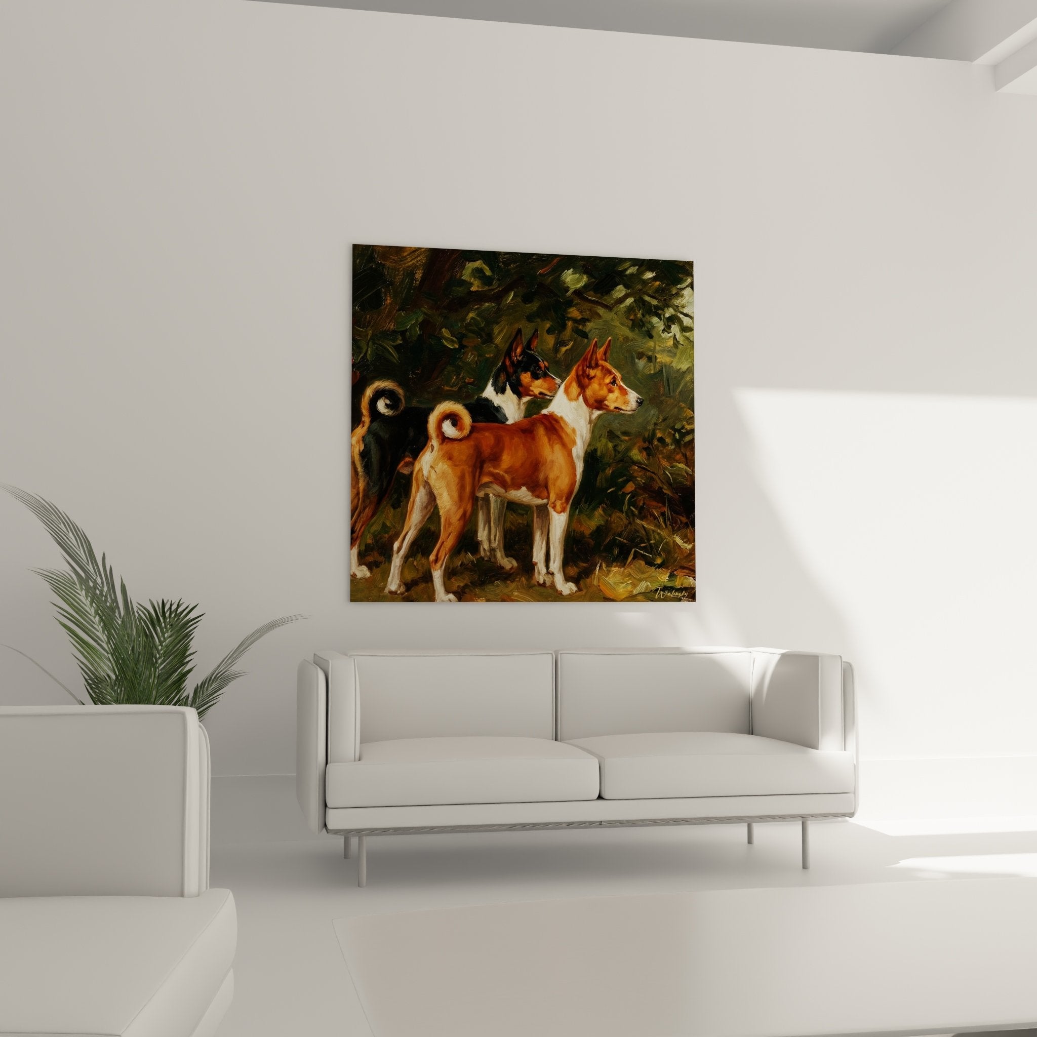 Détail du tableau Basenji montrant la technique picturale et les couleurs du pelage roux