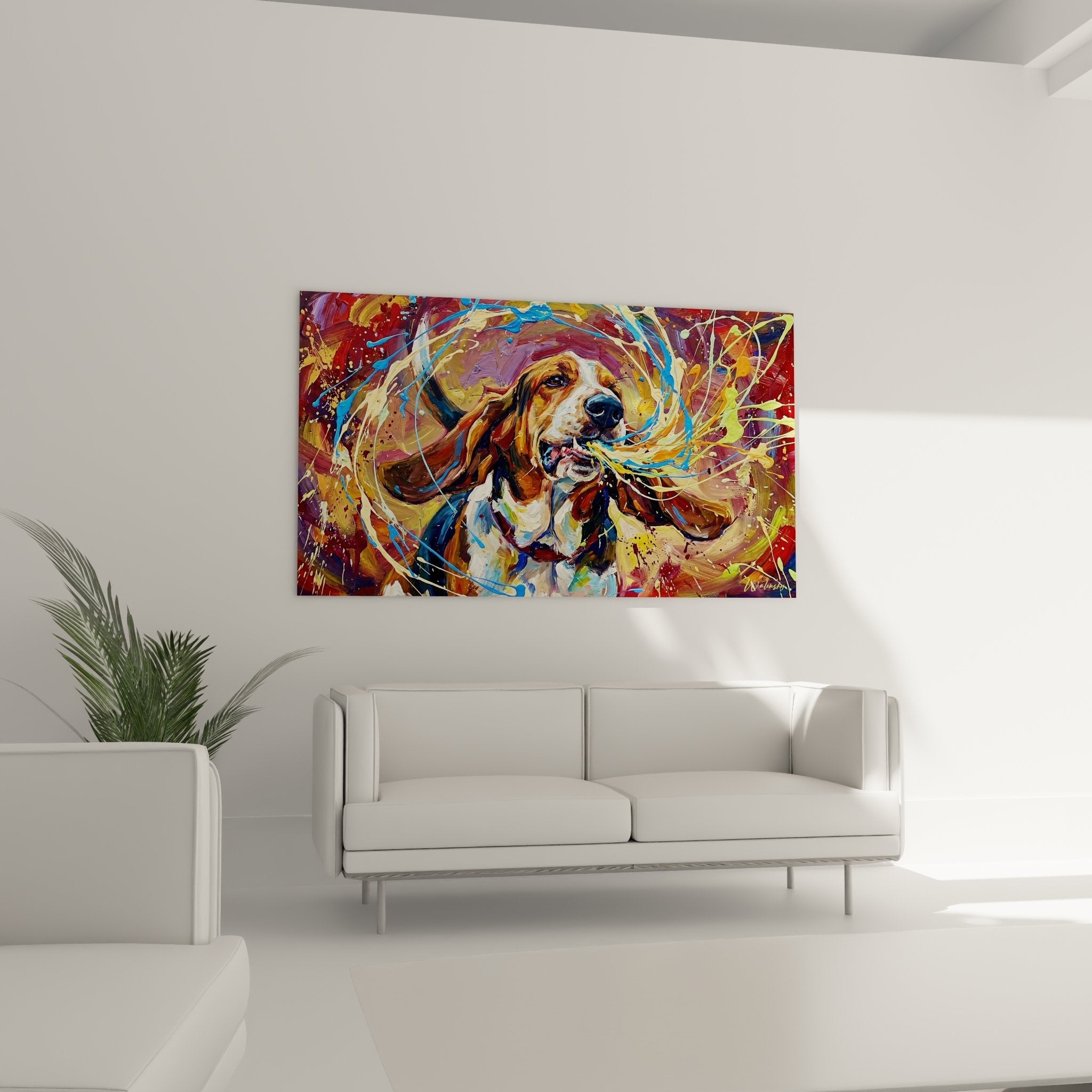 Détail peinture Basset Hound expressionniste couleurs vives rouge orange bleu technique pinceau dynamique art