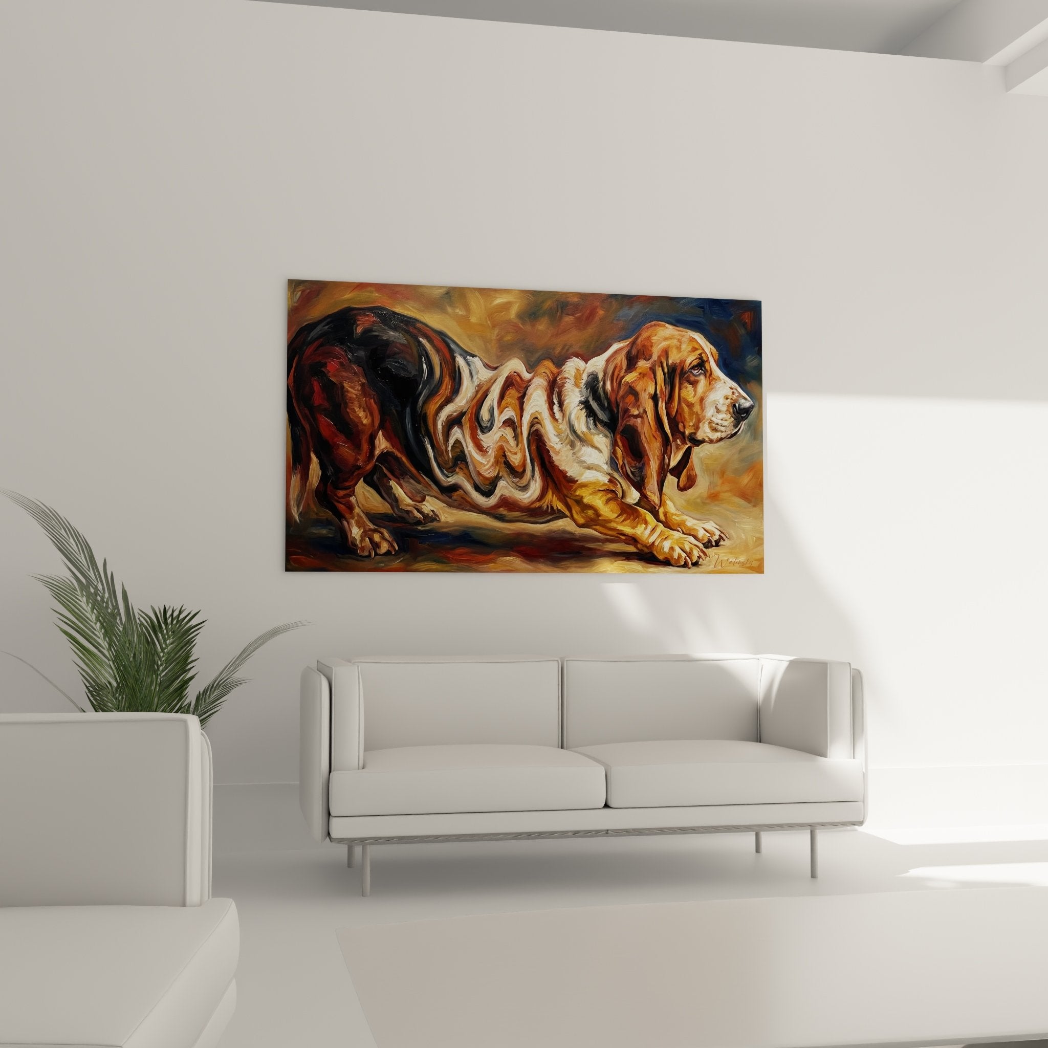 Gros plan peinture Basset Hound style moderne avec flux colorés rouge ocre et doré