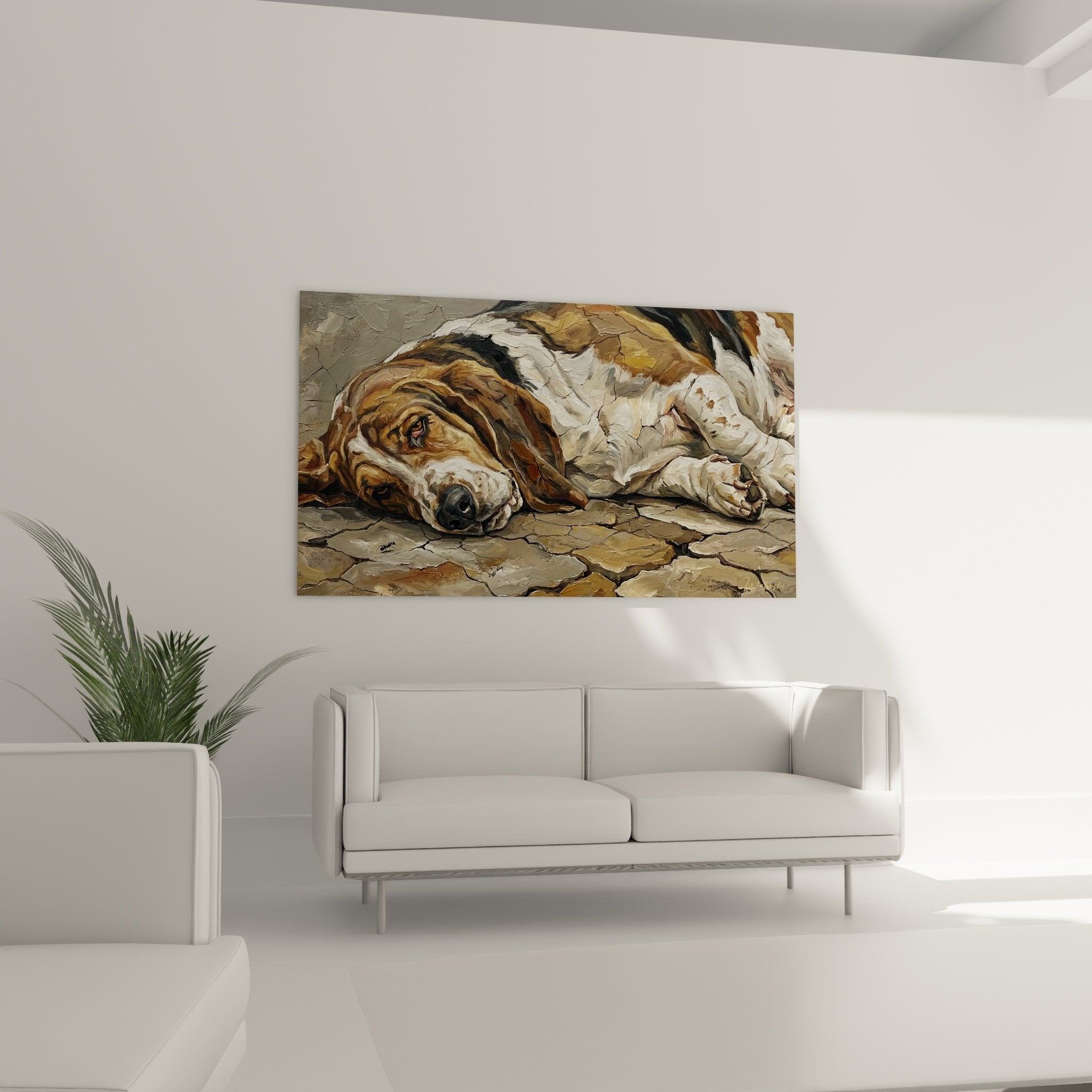 detail gemälde basset hound dreifarbiges fell impasto textur realistische maltechnik