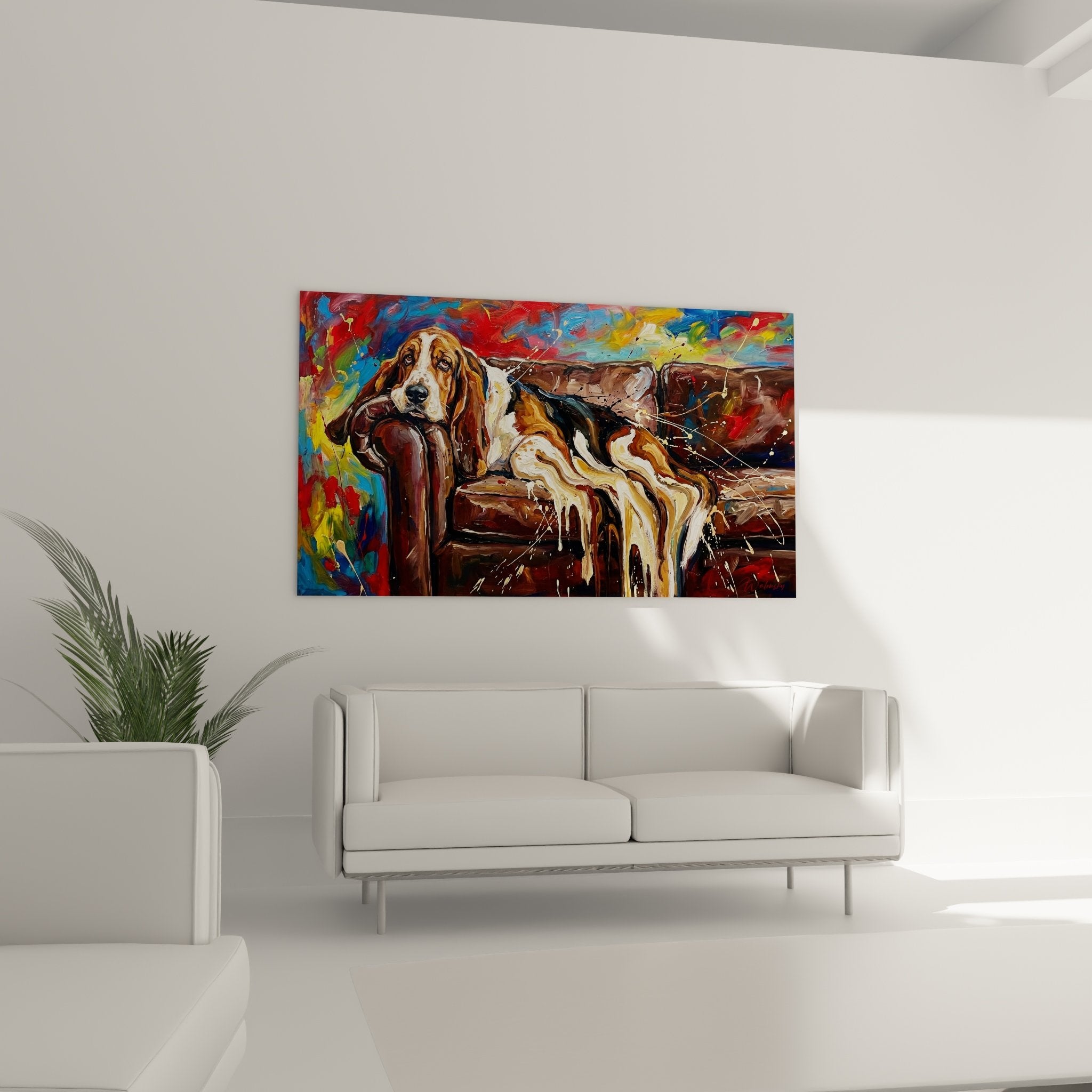 Détail peinture Basset Hound pelage tricolore technique expressive coups pinceau coulures artistiques
