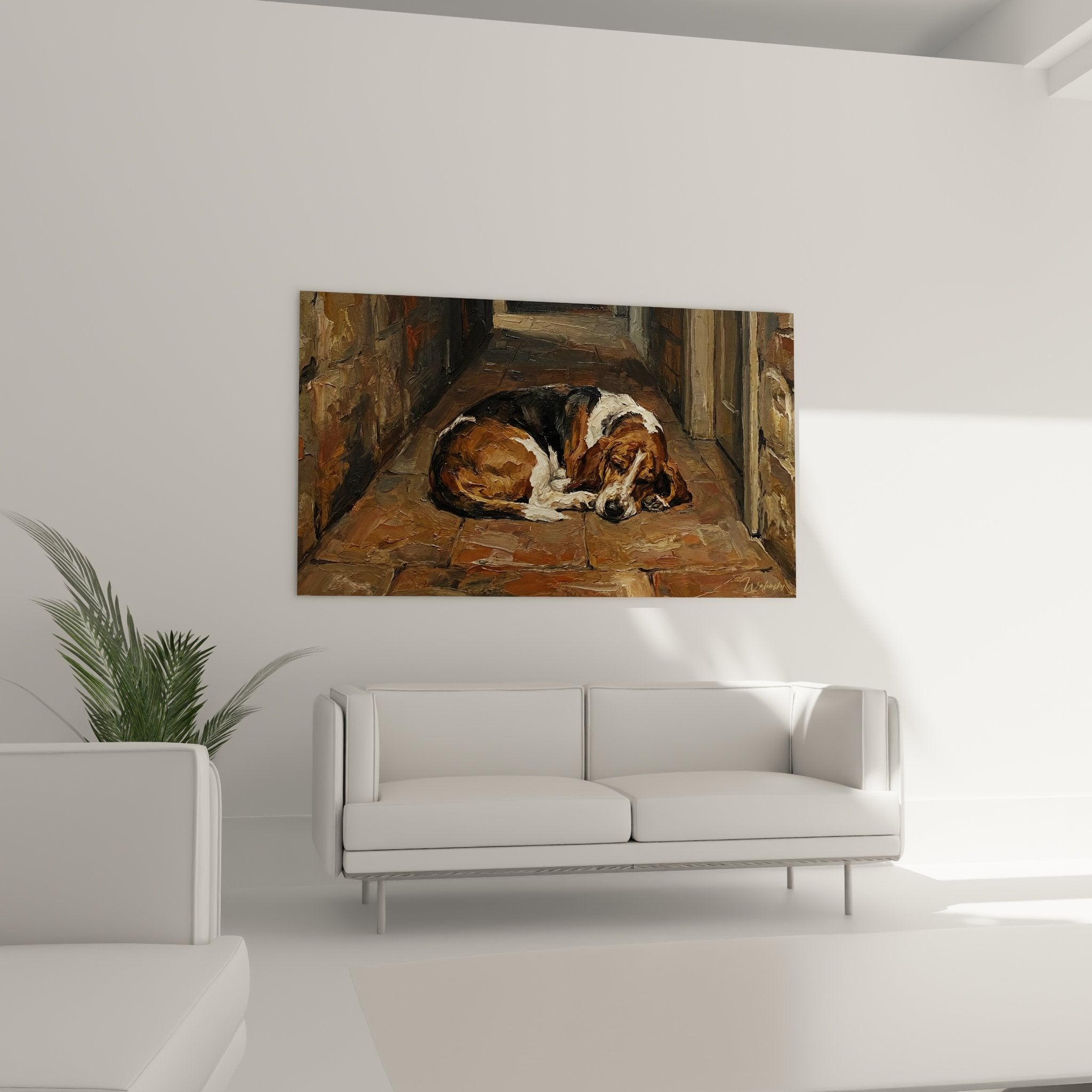 Détail peinture Basset Hound tricolore endormi, empâtements texture carrelage ancien