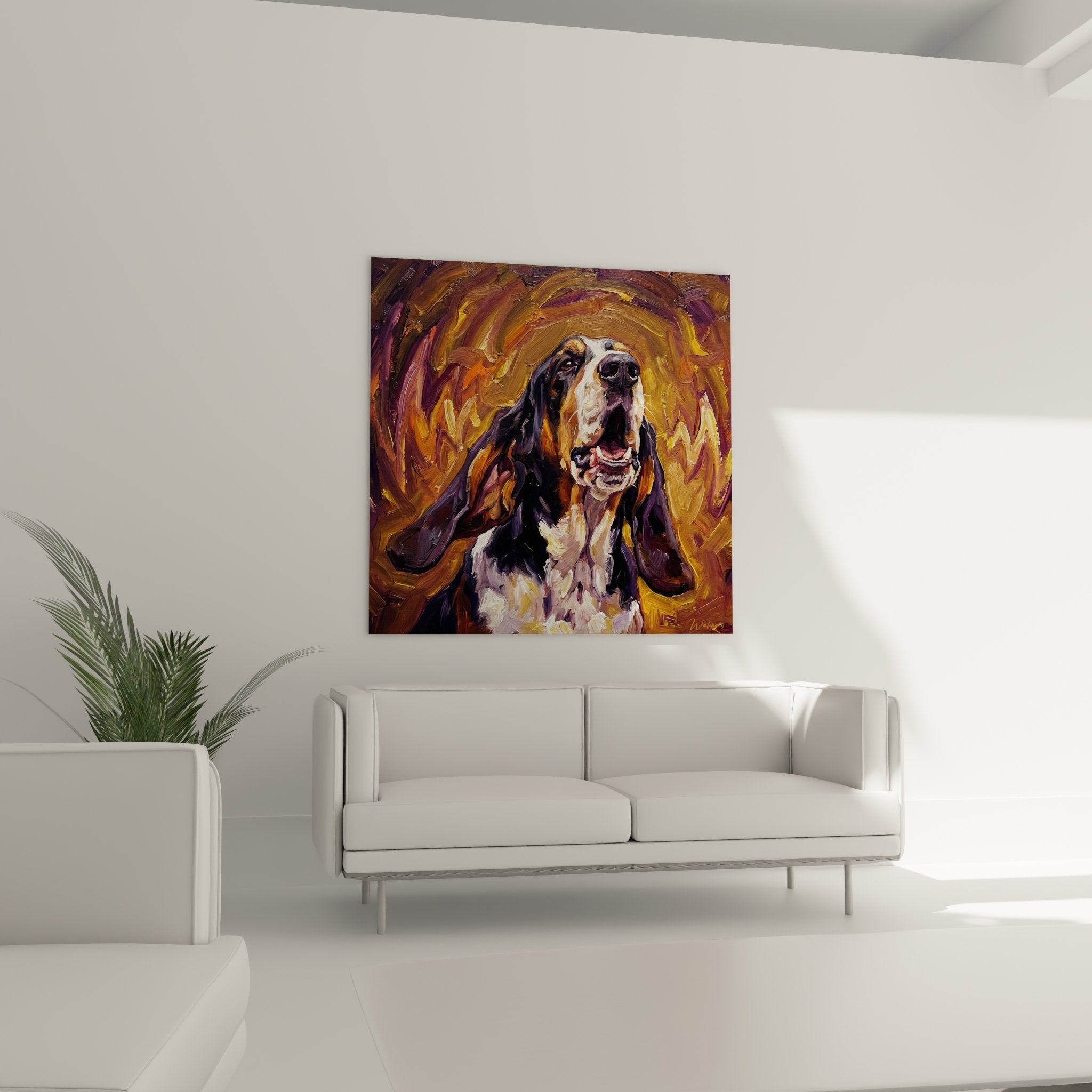 Détail peinture Basset Hound montrant texture empâtée et couleurs violettes expressives