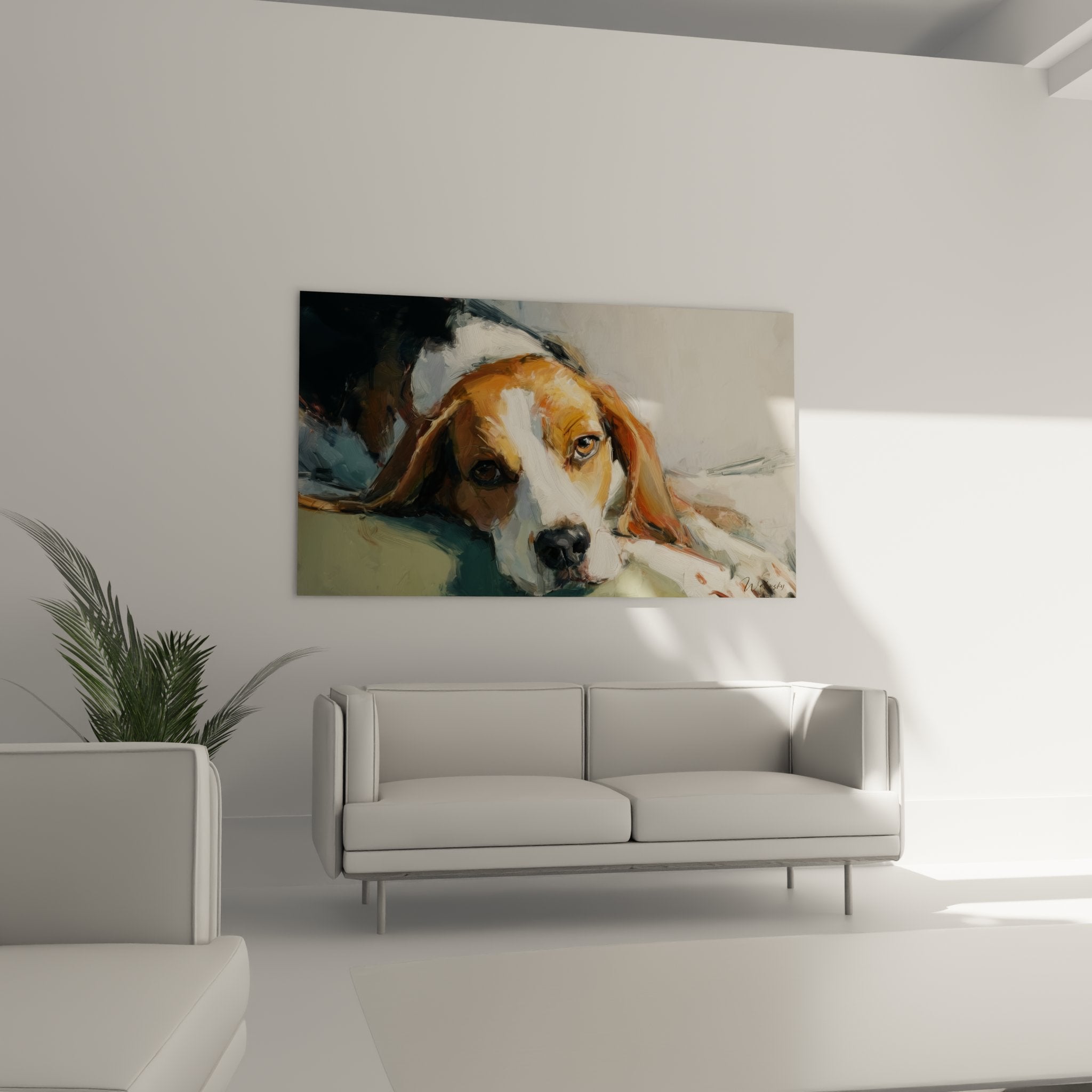 Detail Gemälde schlafender Beagle sichtbarer Pinselstrich Textur Fell ocker weiß künstlerisch