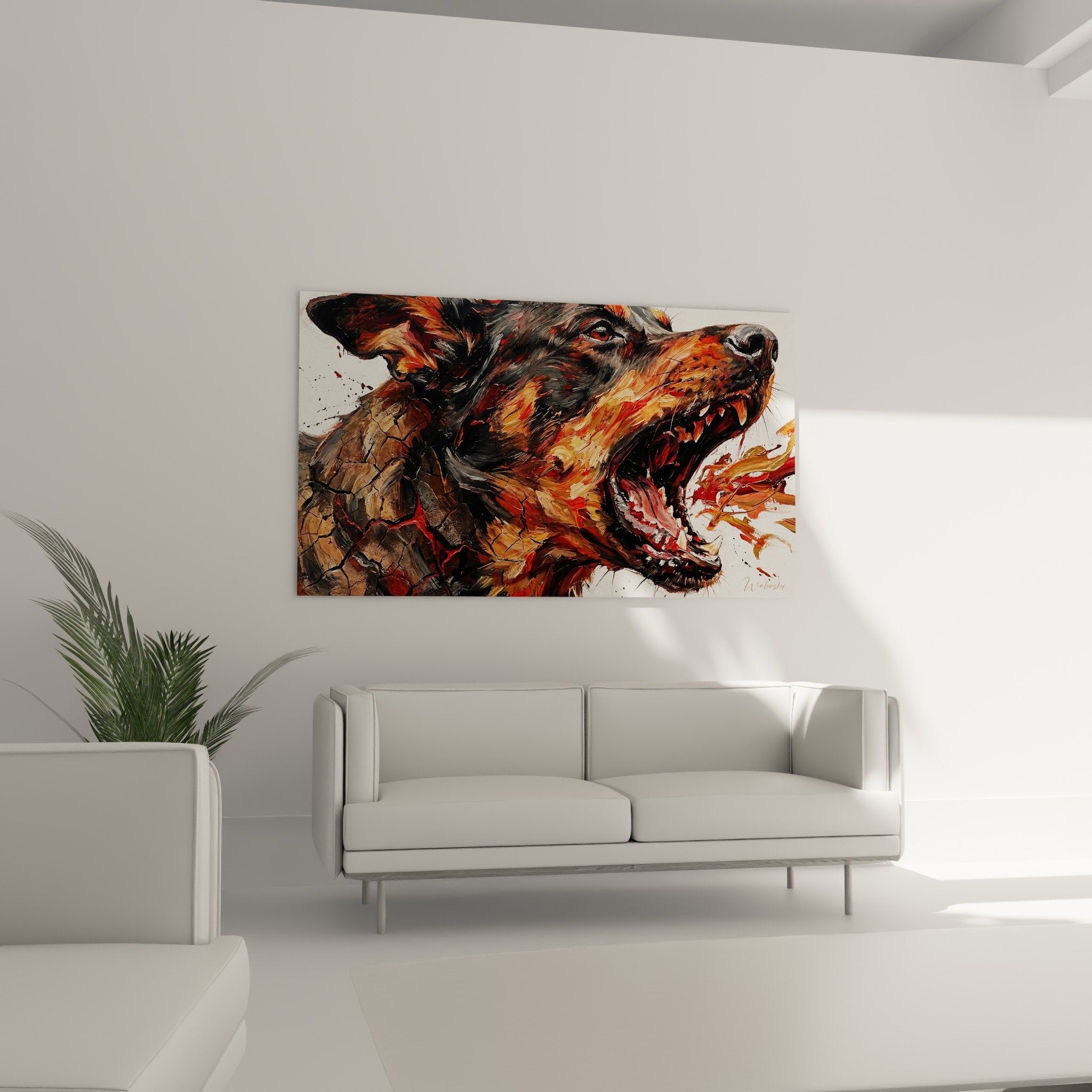 Expressive Beauceron painting detail, visible brushstrokes, orange and ochre palette, mixed artistic technique