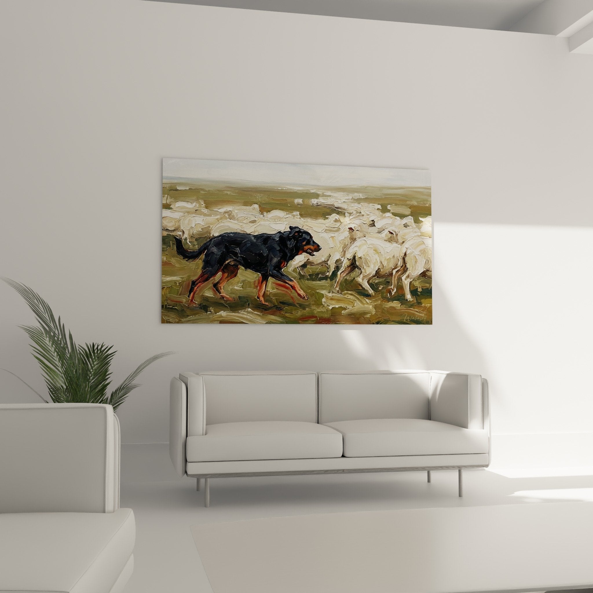 Detail peinture Beauceron noir feu texture empâtements expressifs art animalier realiste qualite