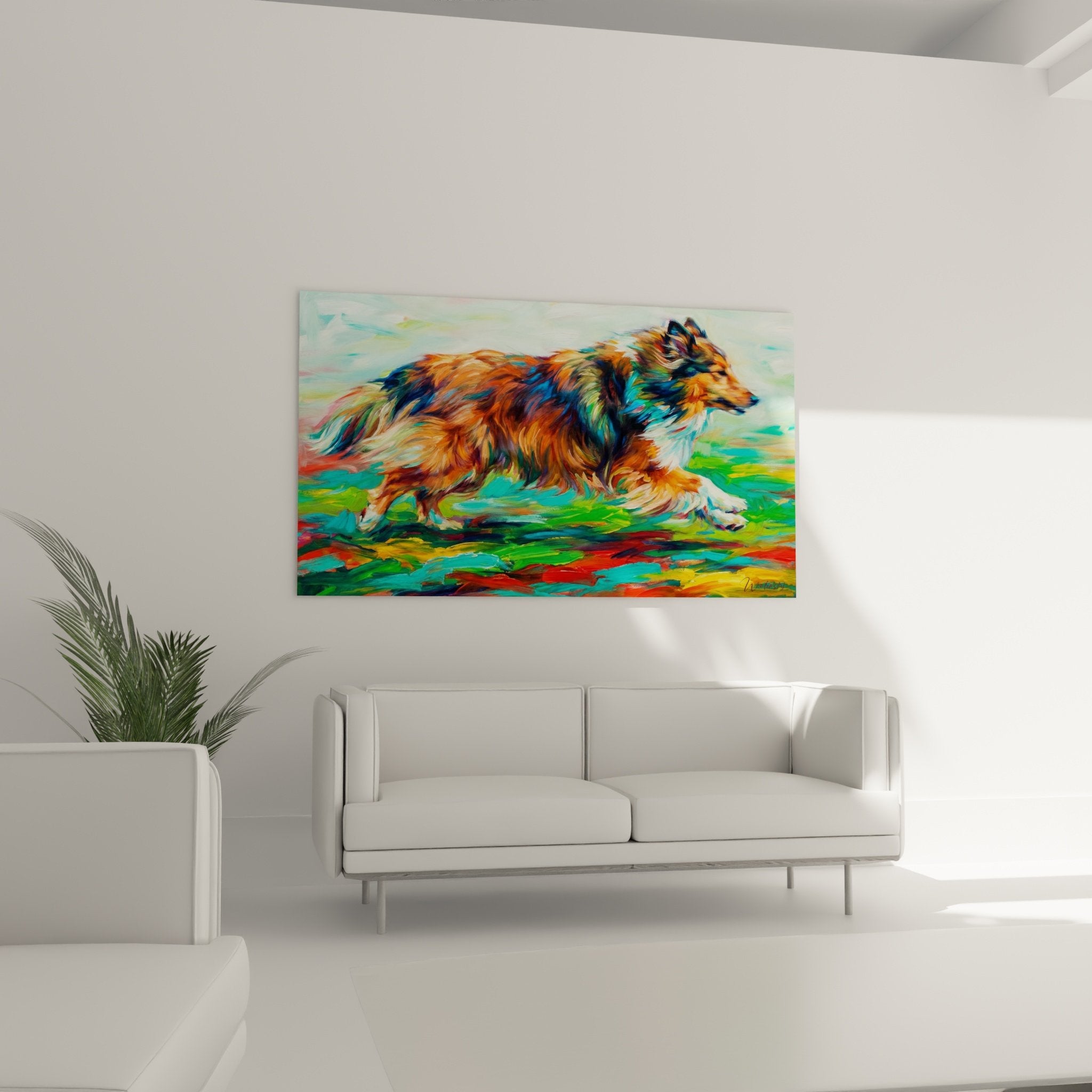 Détail peinture expressionniste pelage multicolore Berger des Shetland coups de pinceau