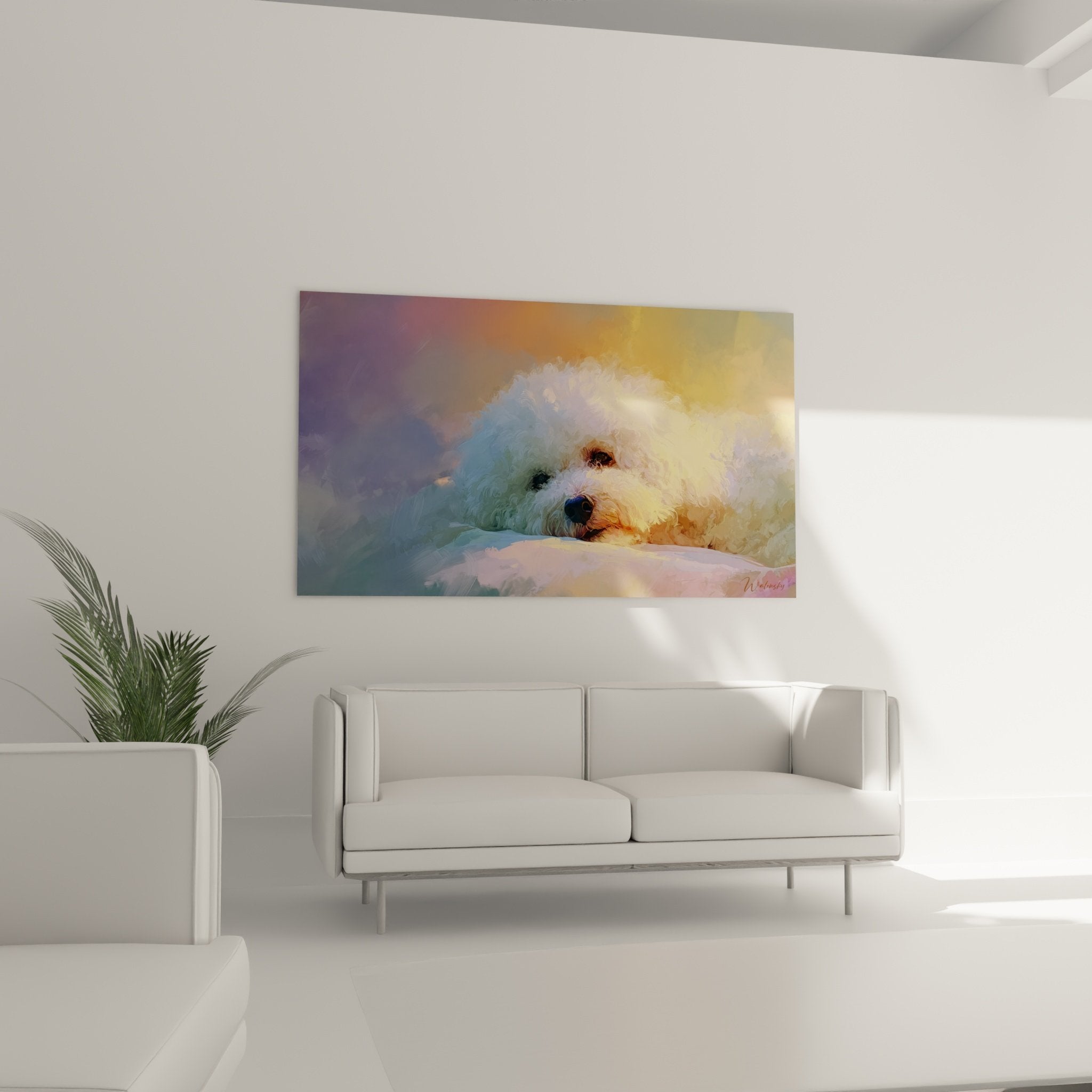 Détail peinture Bichon Frisé pelage bouclé blanc reflets dorés technique impressionniste texture