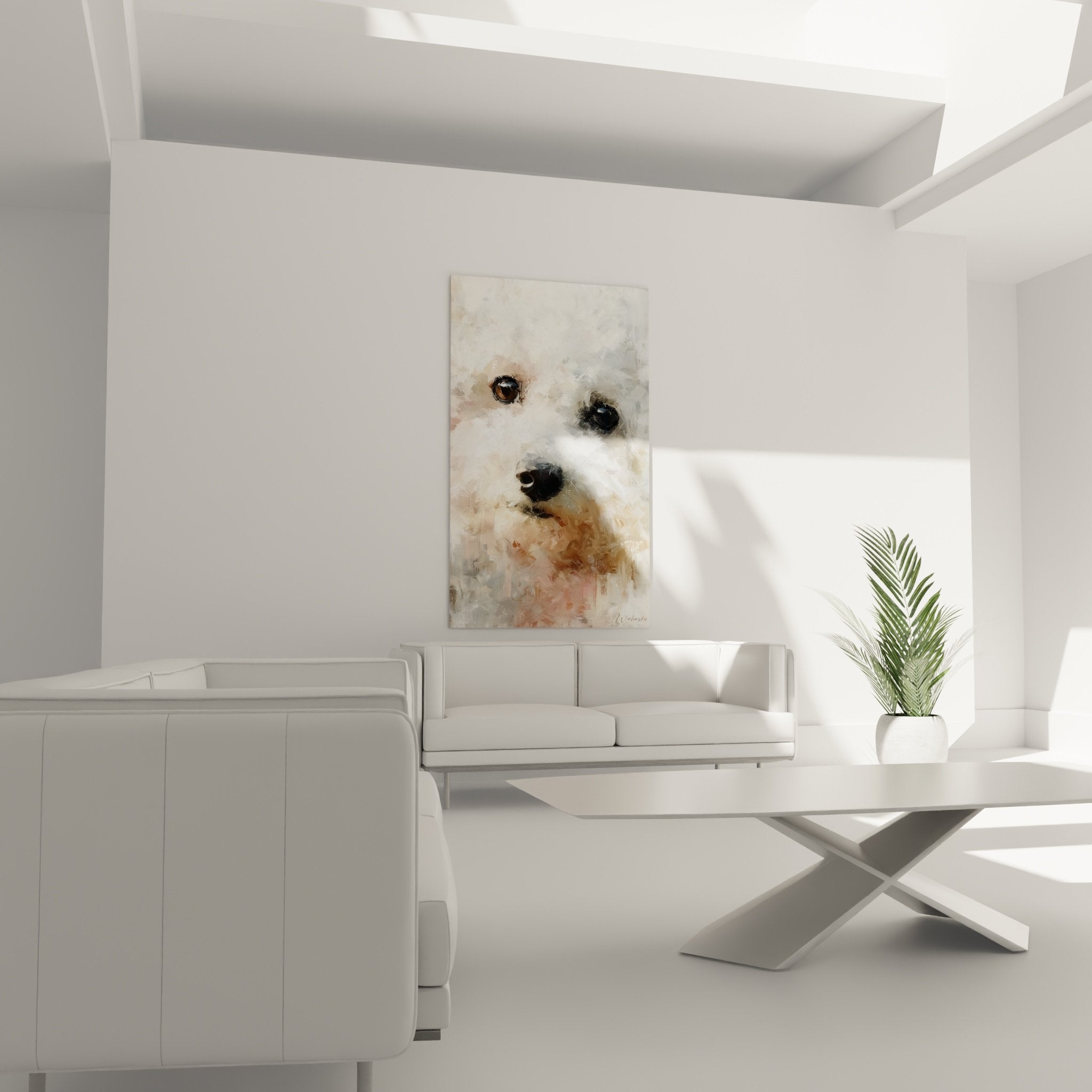 Détail portrait Bichon Frisé peinture impressionniste empâtements colorés pelage soyeux technique artistique
