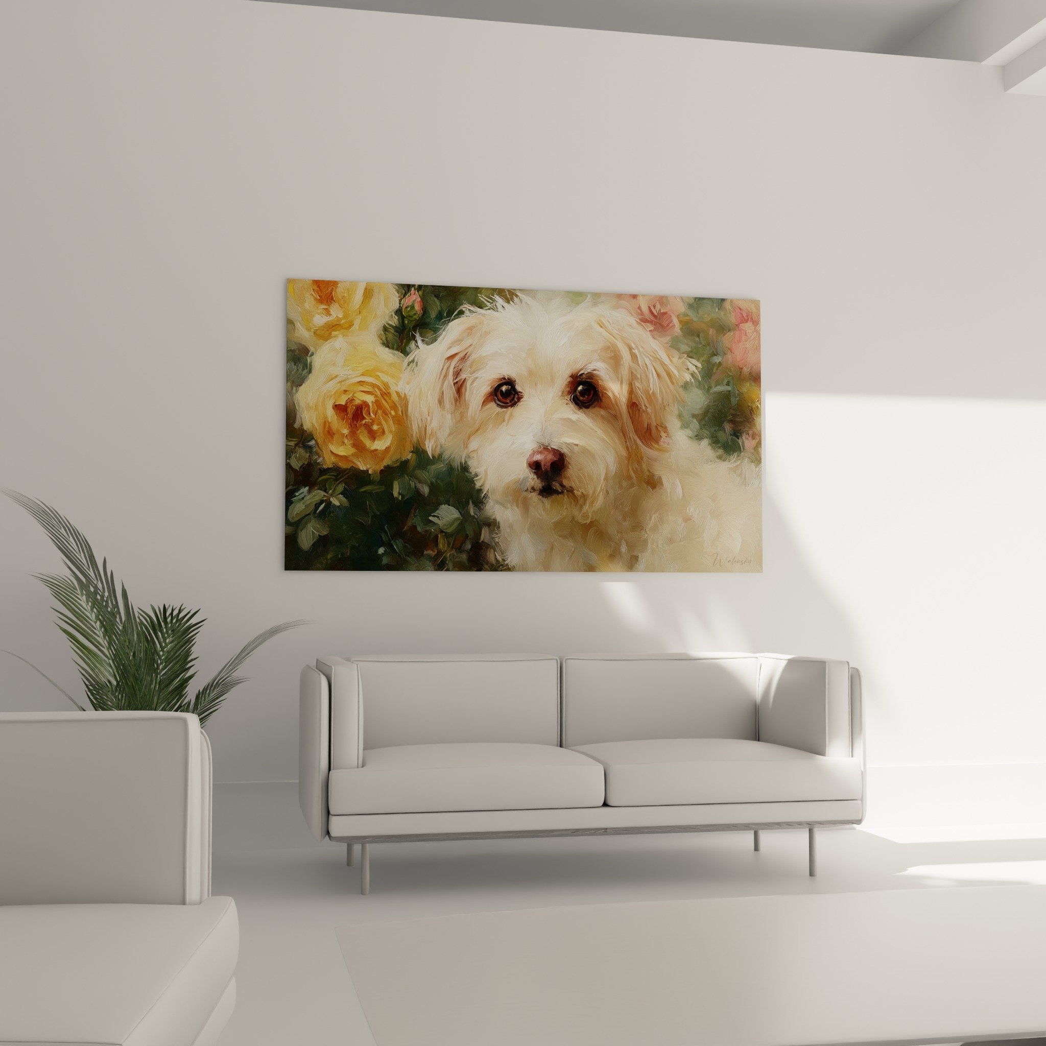 Gros plan peinture Bichon Havanais yeux miel texture pelage blanc creme roses dorées detail artistique