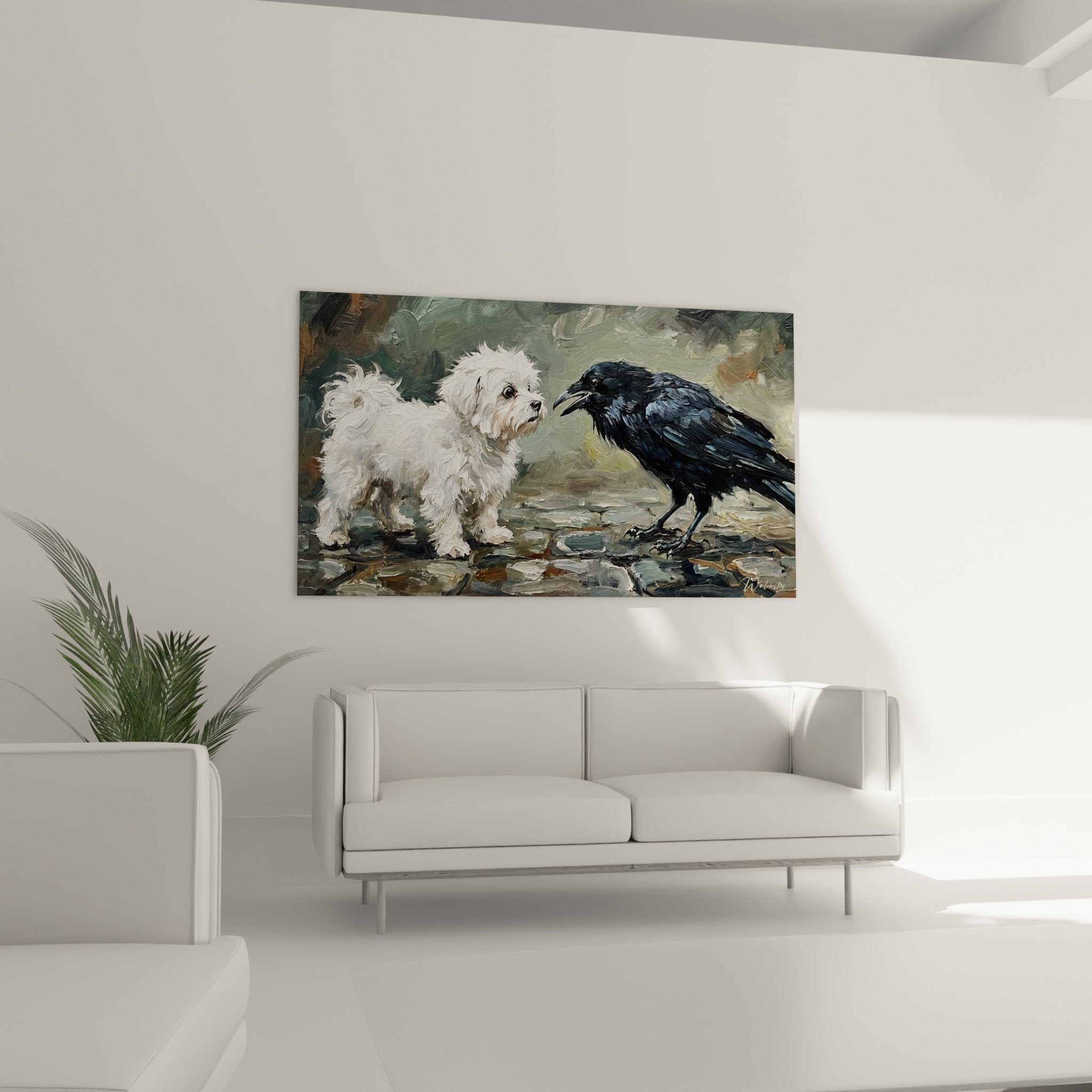 Dettaglio dipinto Bichon Maltese mantello bianco e corvo plumaggio nero tecnica impasti