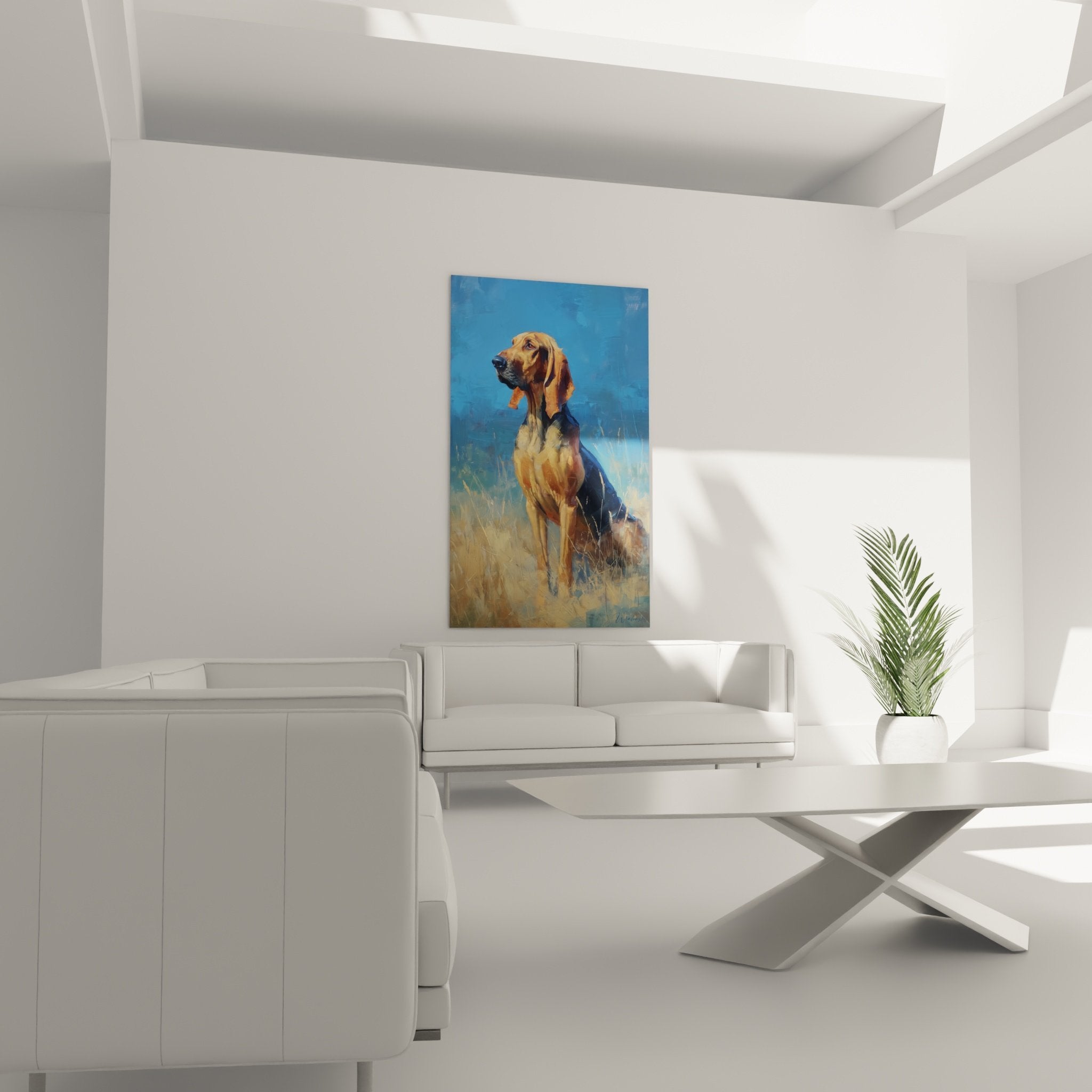 Detailaufnahme Gemälde Bloodhound Pinseltechnik goldenes Rehbraun Fell melancholischer Ausdruck St.-Hubert-Hund
