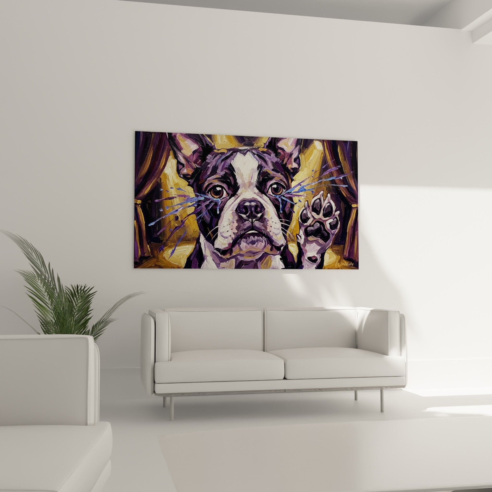 Détail gros plan peinture Boston Terrier expressif couleurs violettes touches dorées