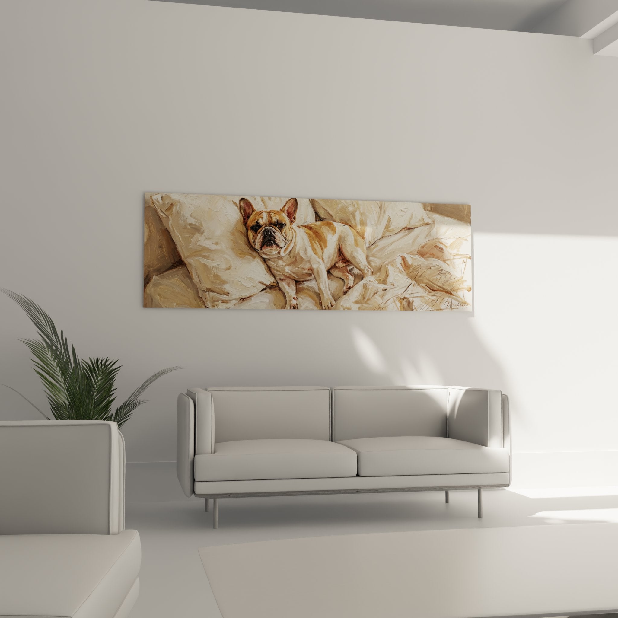 detail tableau bouledogue francais peinture texture couleurs beiges art animalier qualite