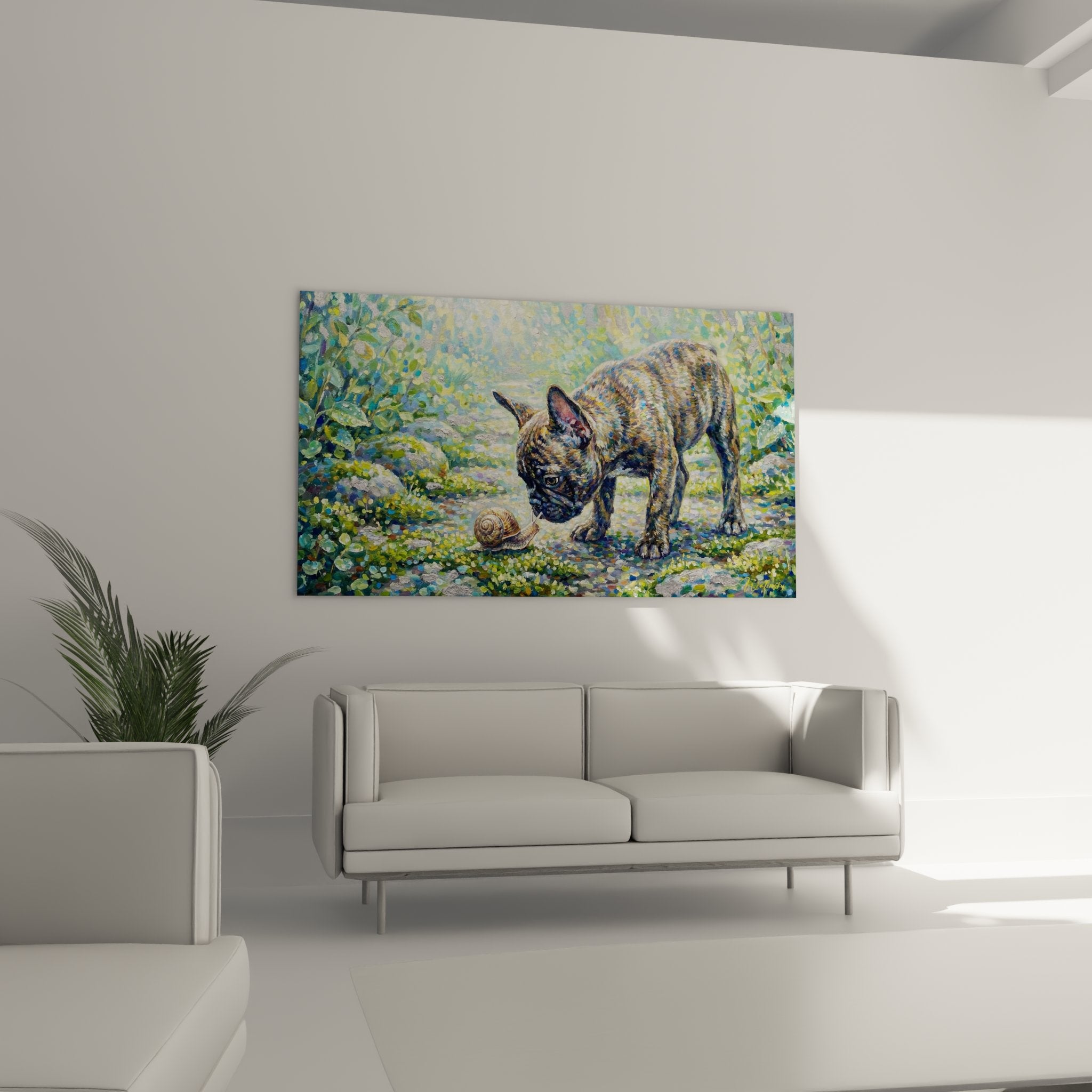 Detail Gemälde französische Bulldogge gestromt impressionistische Technik farbige Pinselstriche leuchtende Grüntöne