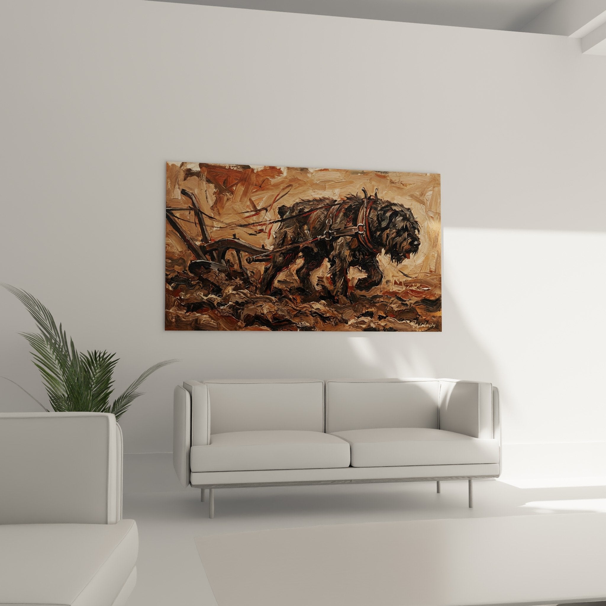 Dettaglio pittura Bovaro delle Fiandre, tecnica impasti, mantello scuro e finimenti in cuoio