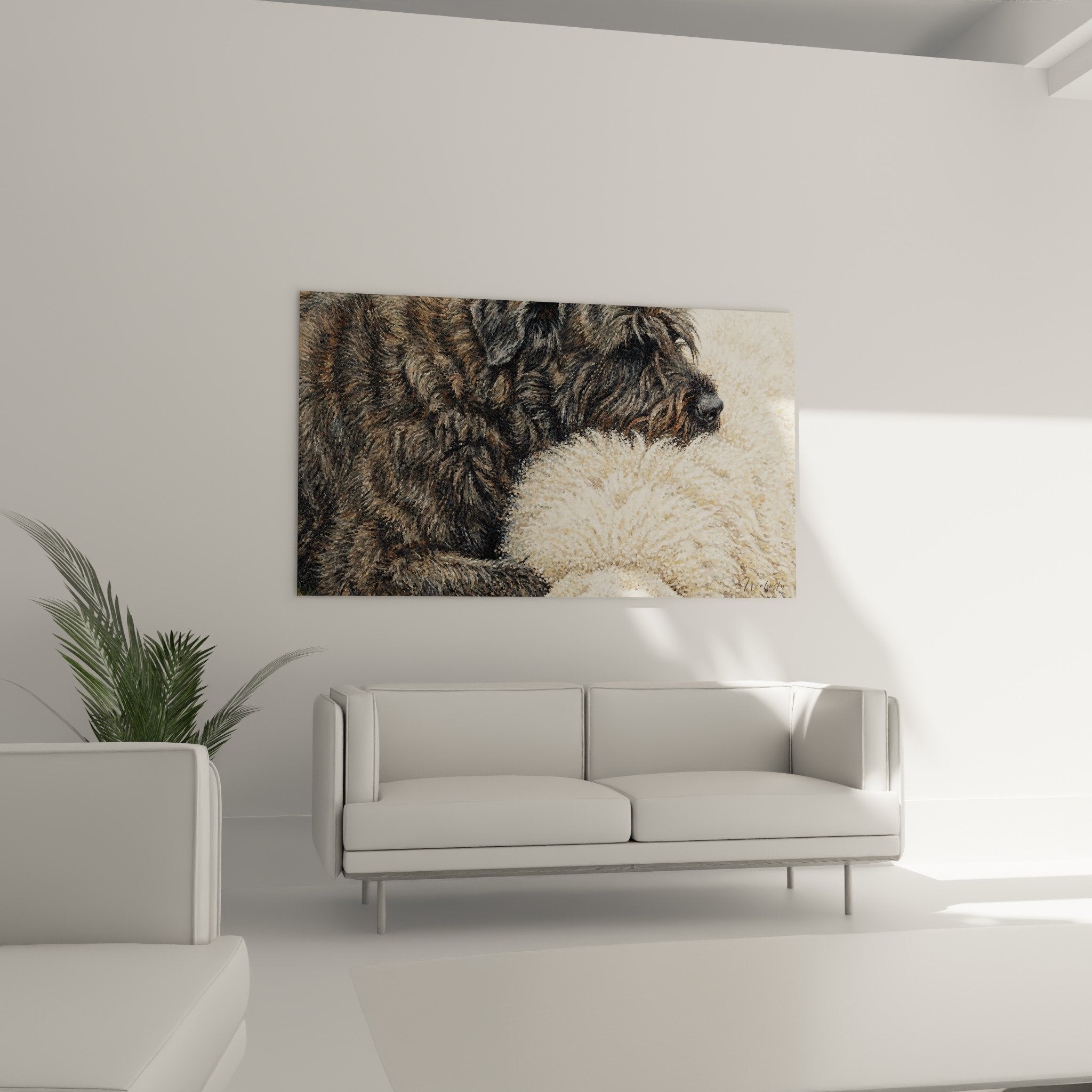Dettaglio pittura Bovaro delle Fiandre mantello scuro texture realistica schizzi acquatici