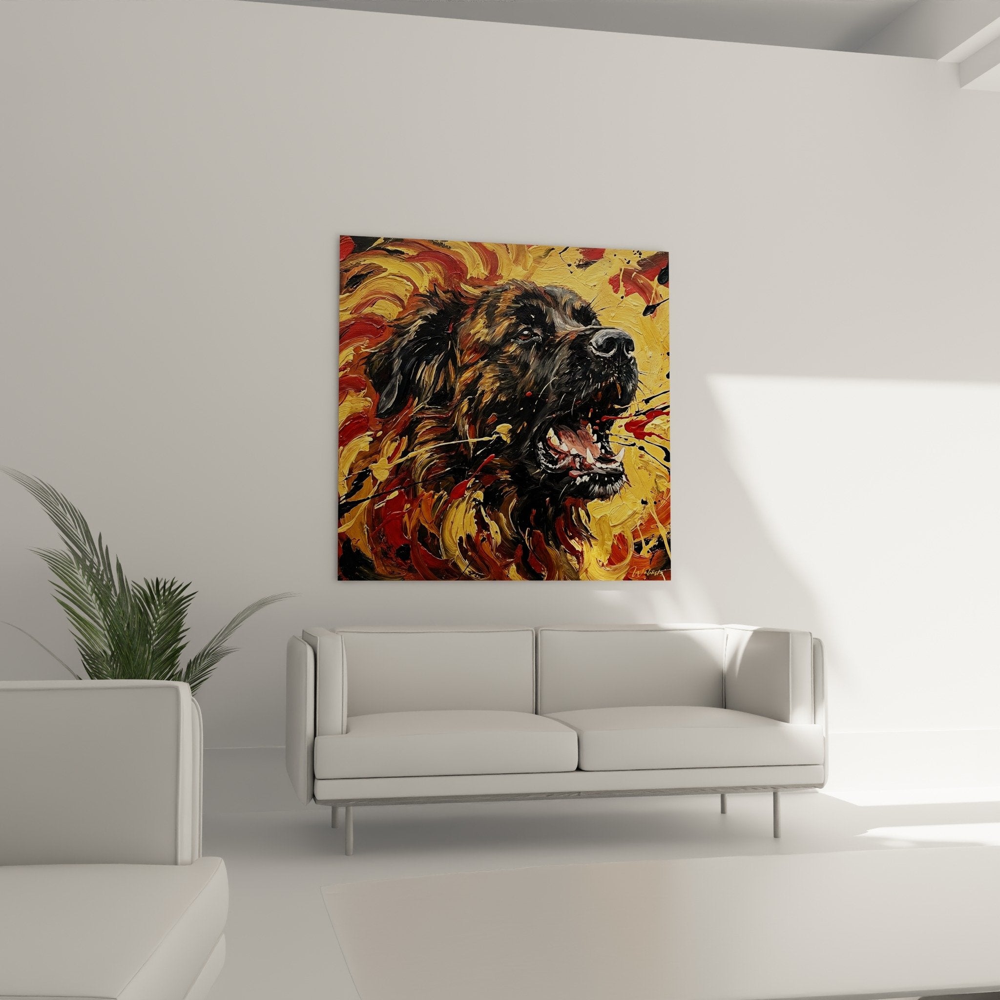 Dettaglio pittura Bouvier delle Fiandre, pennellate dorate e texture espressiva, arte canina