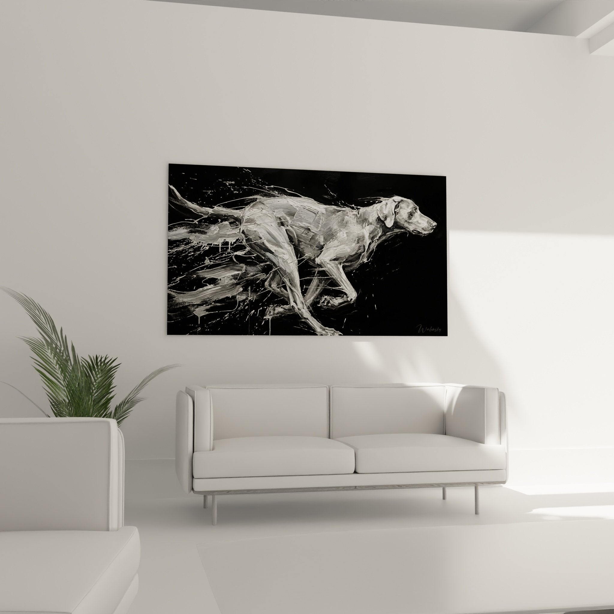 Detail peinture braque de weimar expressif coups pinceau dynamiques texture artistique noir blanc contraste