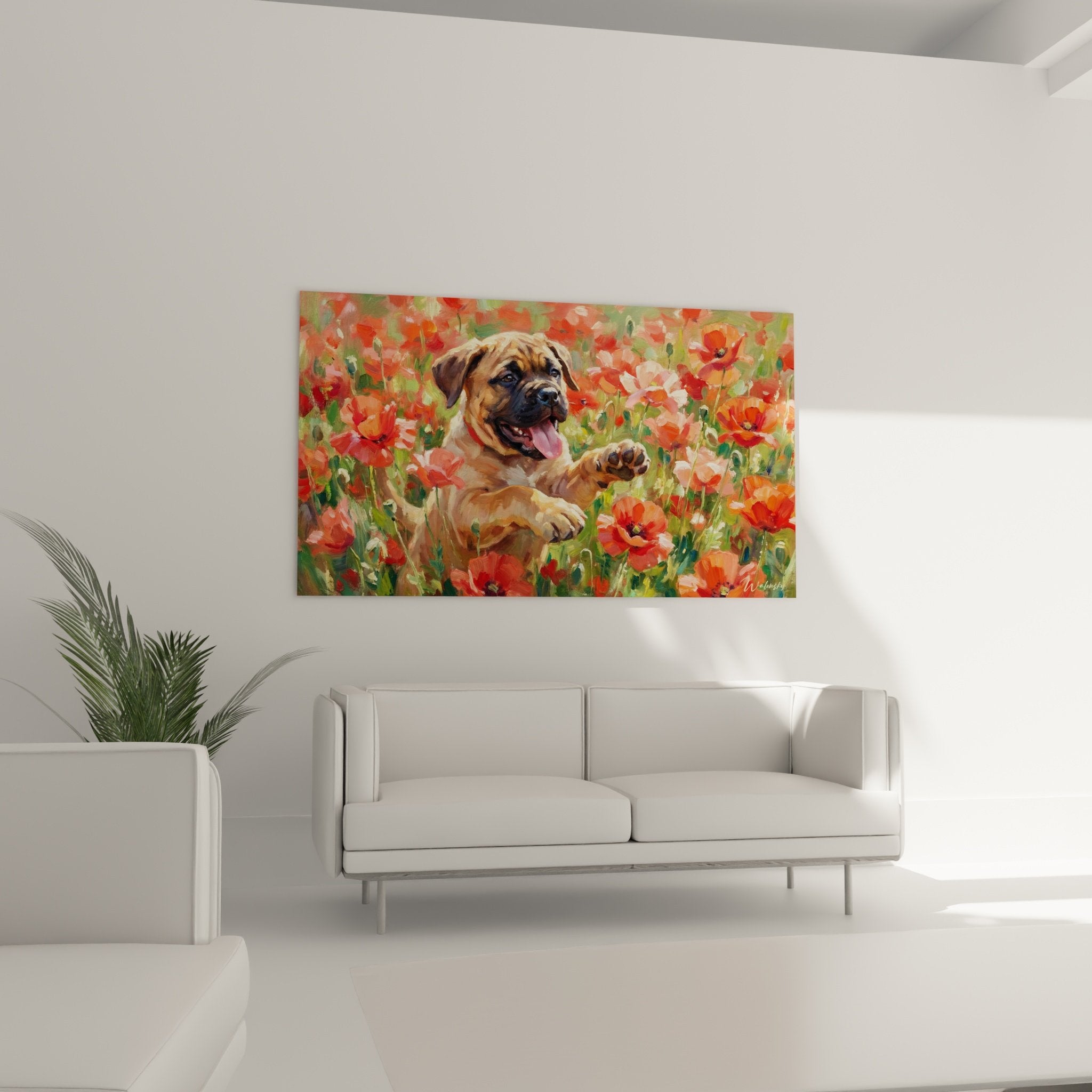 Détail peinture Bullmastiff pelage fauve et coquelicots rouges technique impressionniste visible