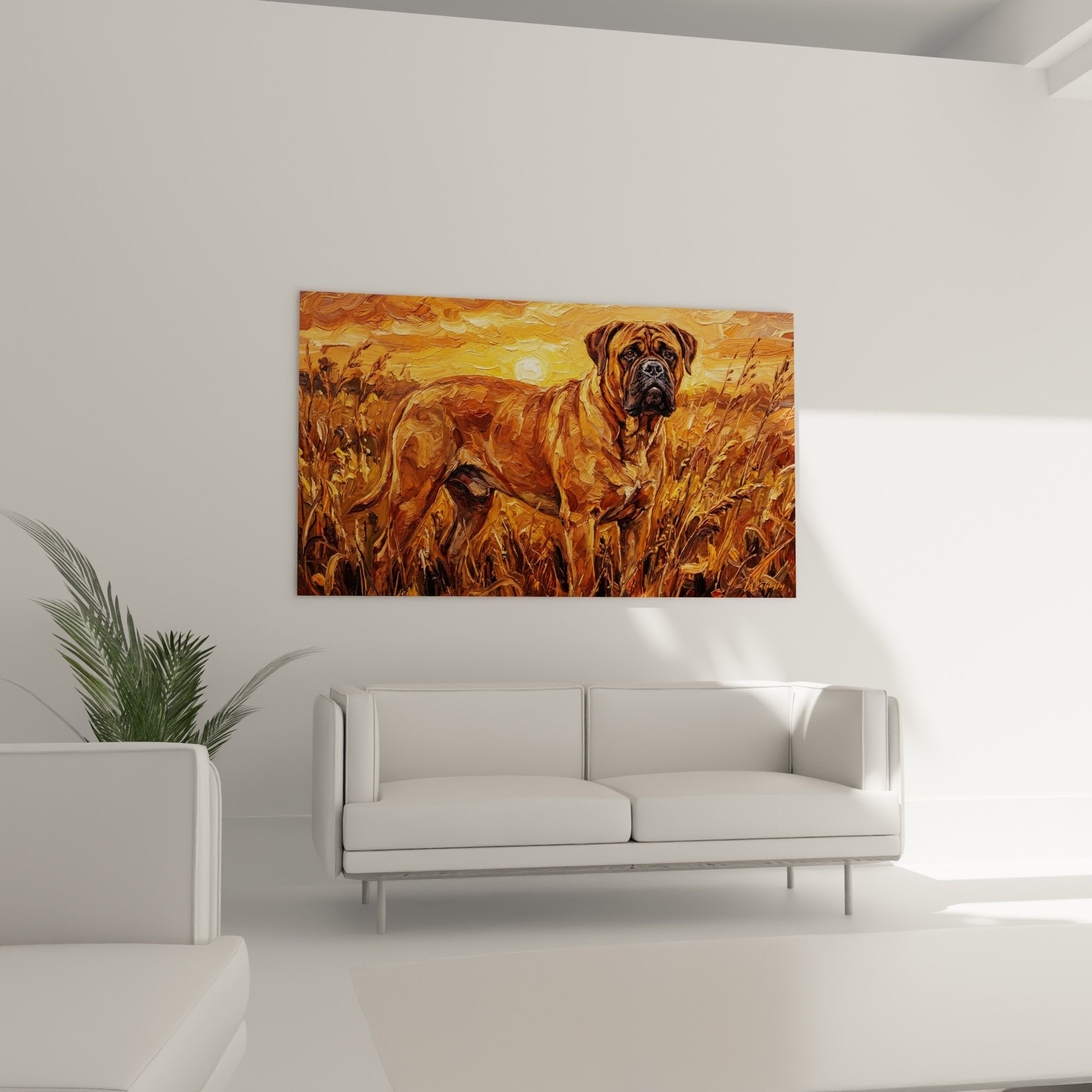 Détail peinture bullmastiff empâtements texturés tons cuivrés et dorés technique artistique contemporaine