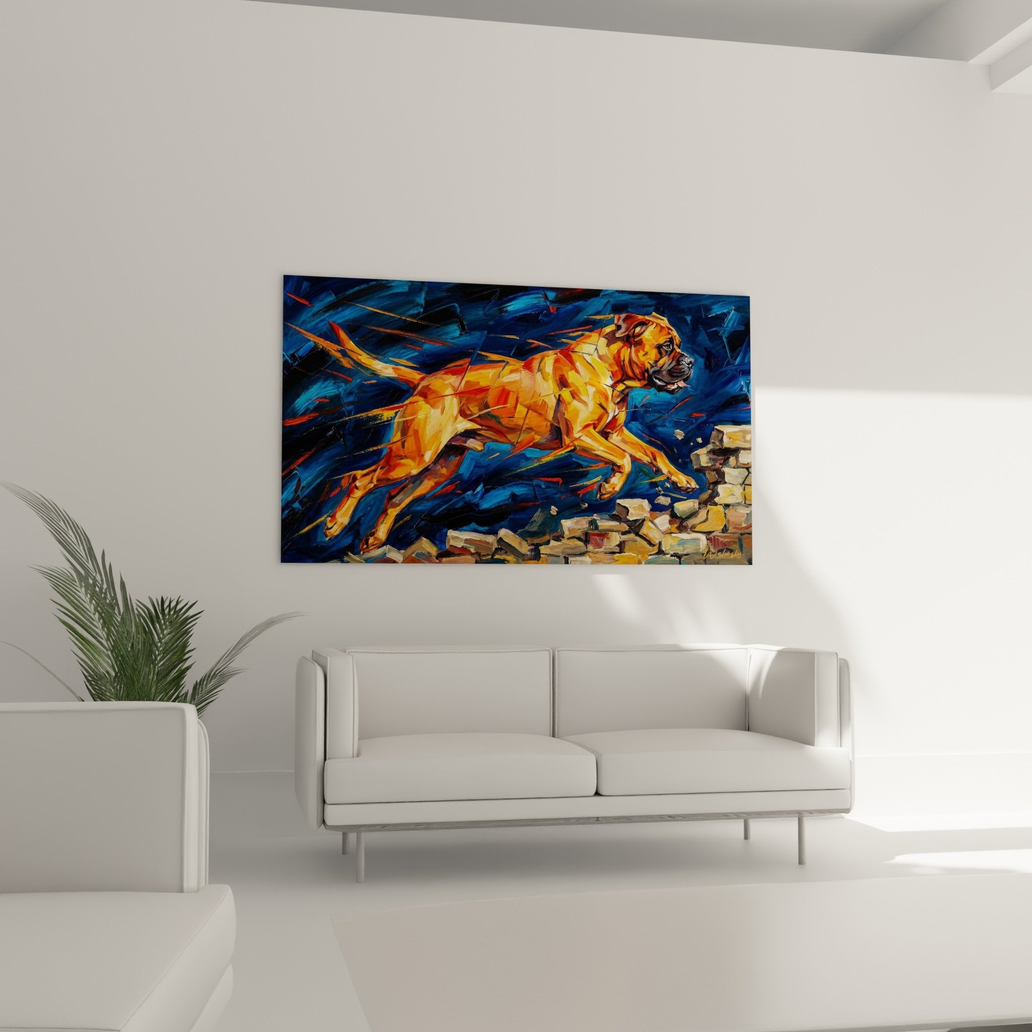 Detail peinture bullmastiff facettes geometriques orange dore reflets lumiere contraste bleu