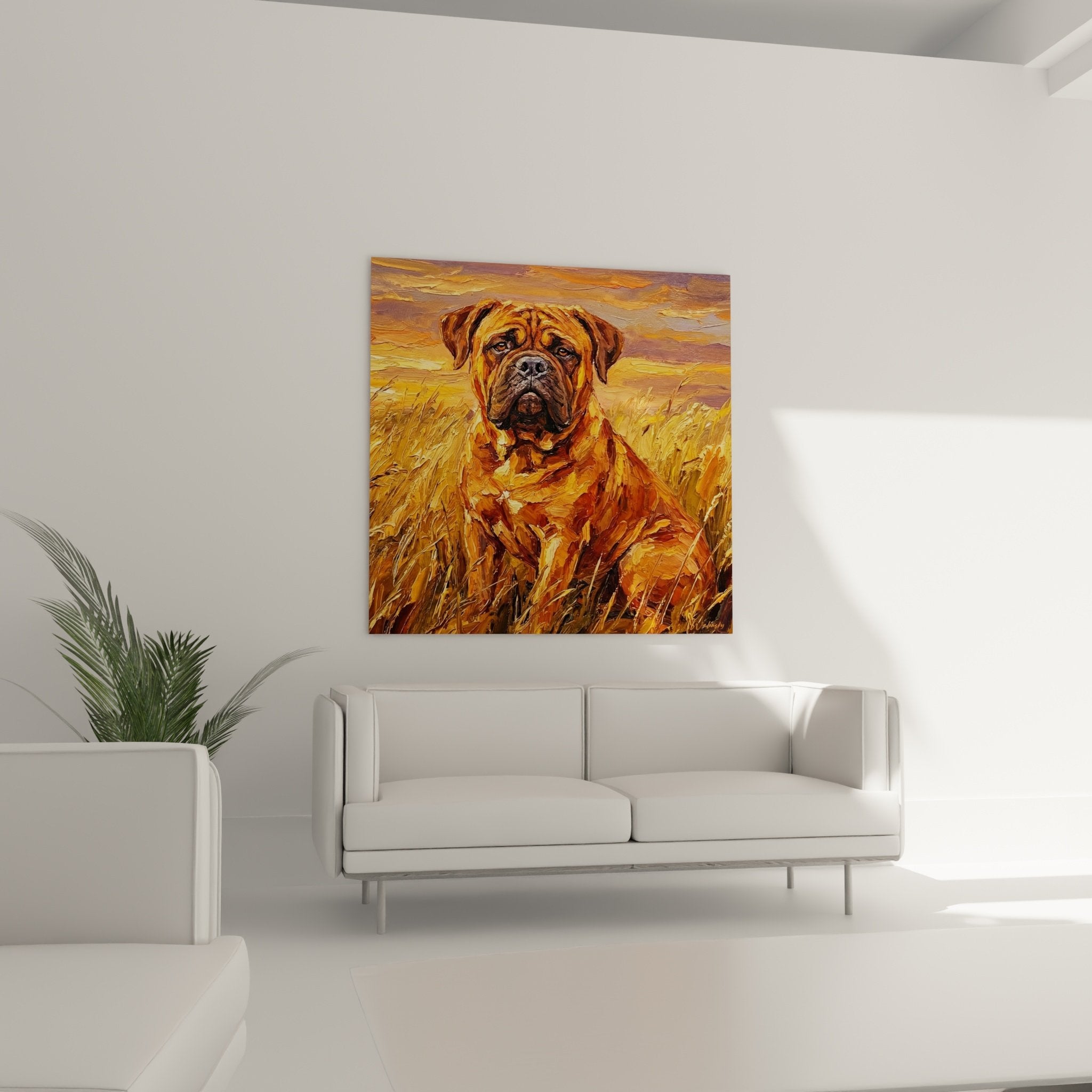 Impasto painting detail Bullmastiff portrait, rich texture fawn coat and noble expressive gaze
