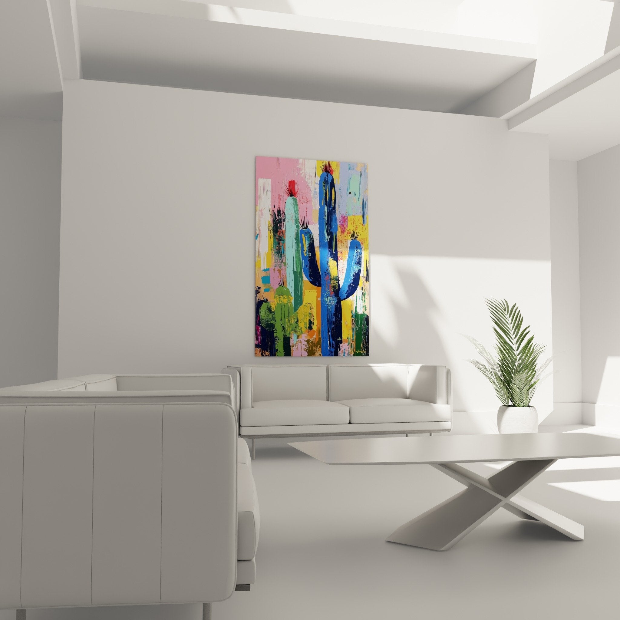 Detail peinture abstraite cactus bleus avec eclaboussures colorees