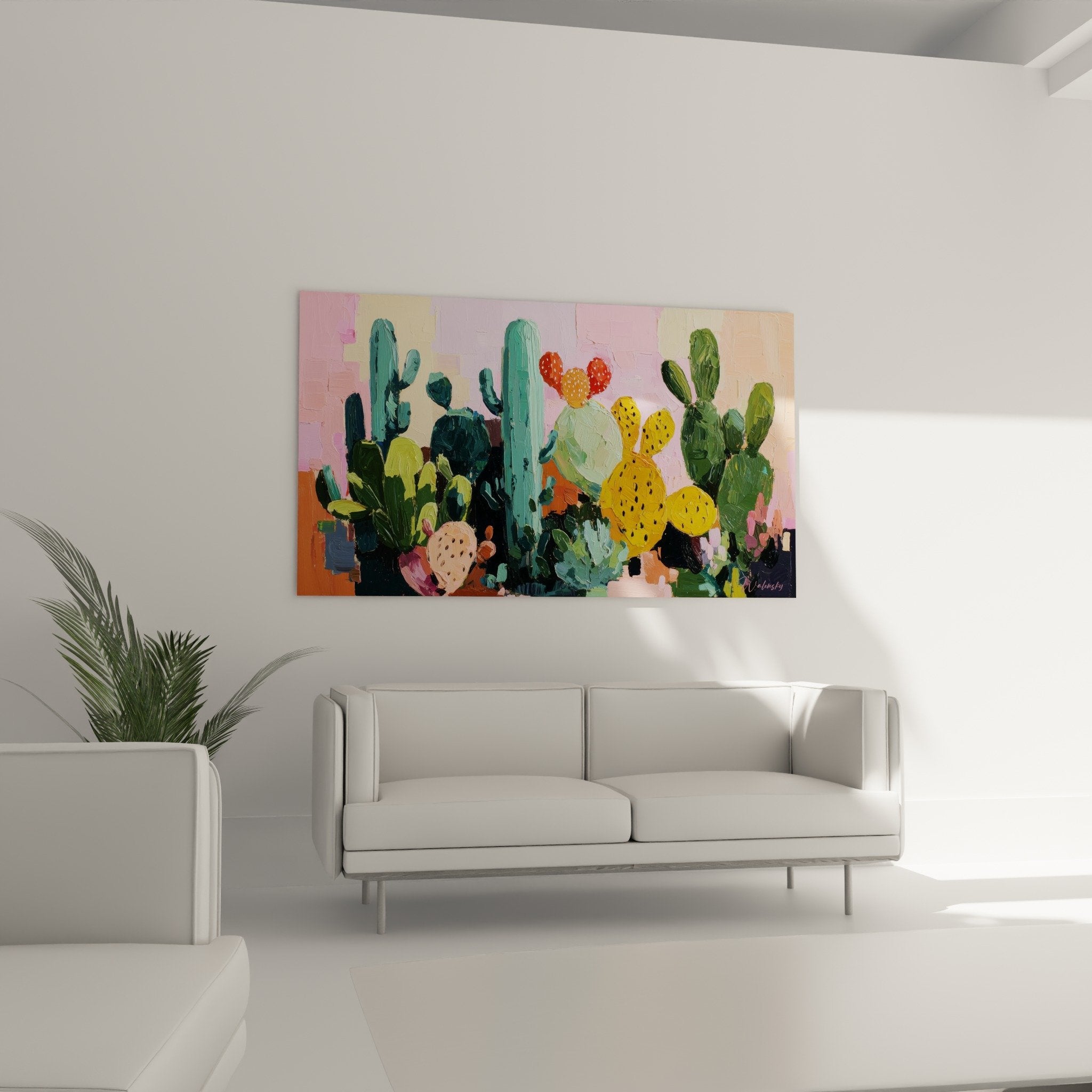 Détail peinture cactus empâtements couleurs vives technique picturale contemporaine