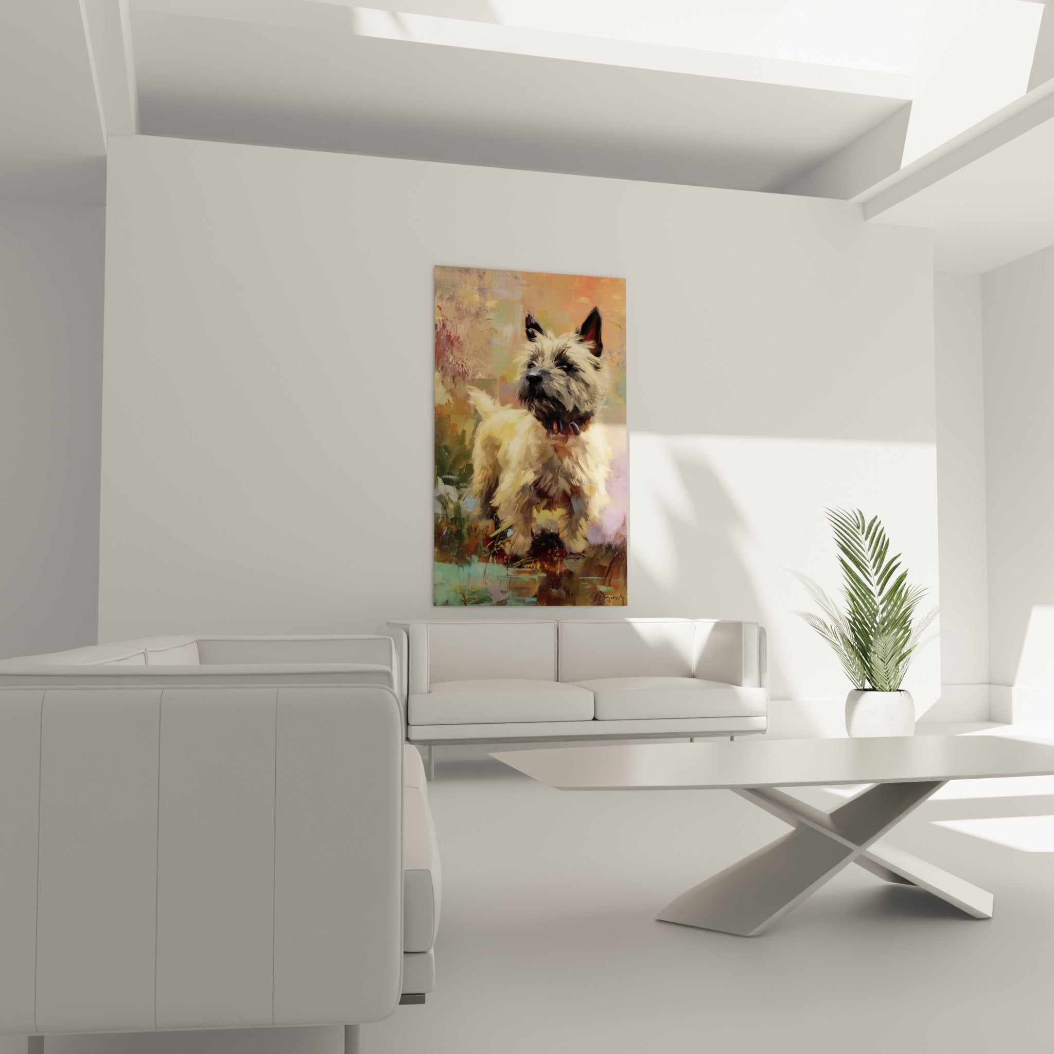 Cairn Terrier Gemäldedetail, Textur des goldenen Fells und Lichtreflexe, ausdrucksstarke Maltechnik
