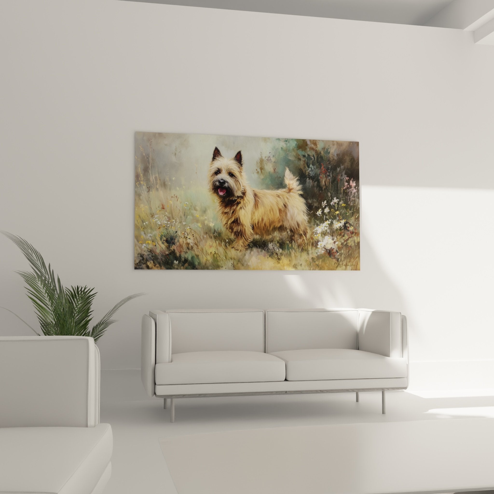 Détail peinture Cairn Terrier aux nuances mordorées avec technique impressionniste et fleurs blanches