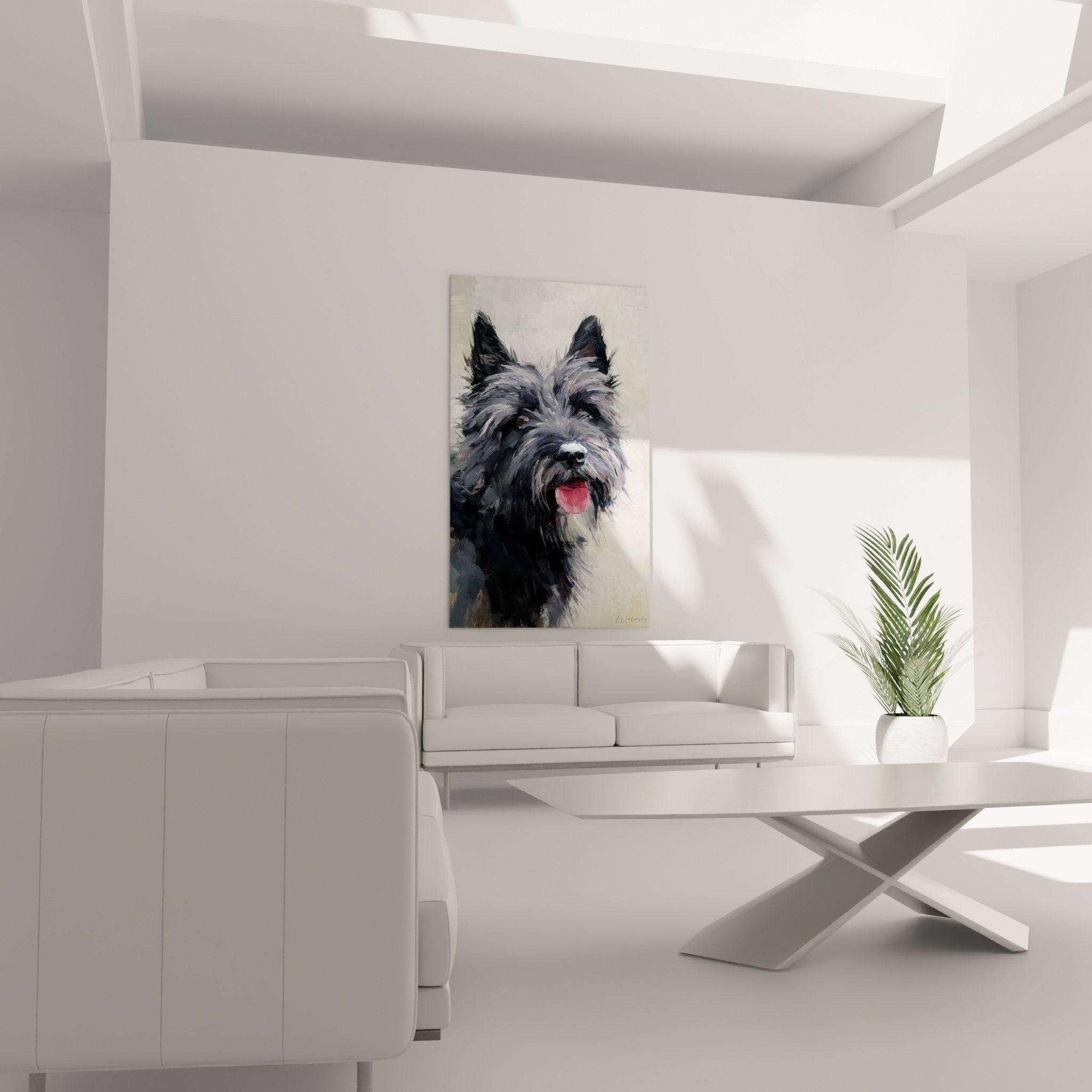 Détail peinture Cairn Terrier, coups pinceau expressifs pelage gris, technique picturale contemporaine