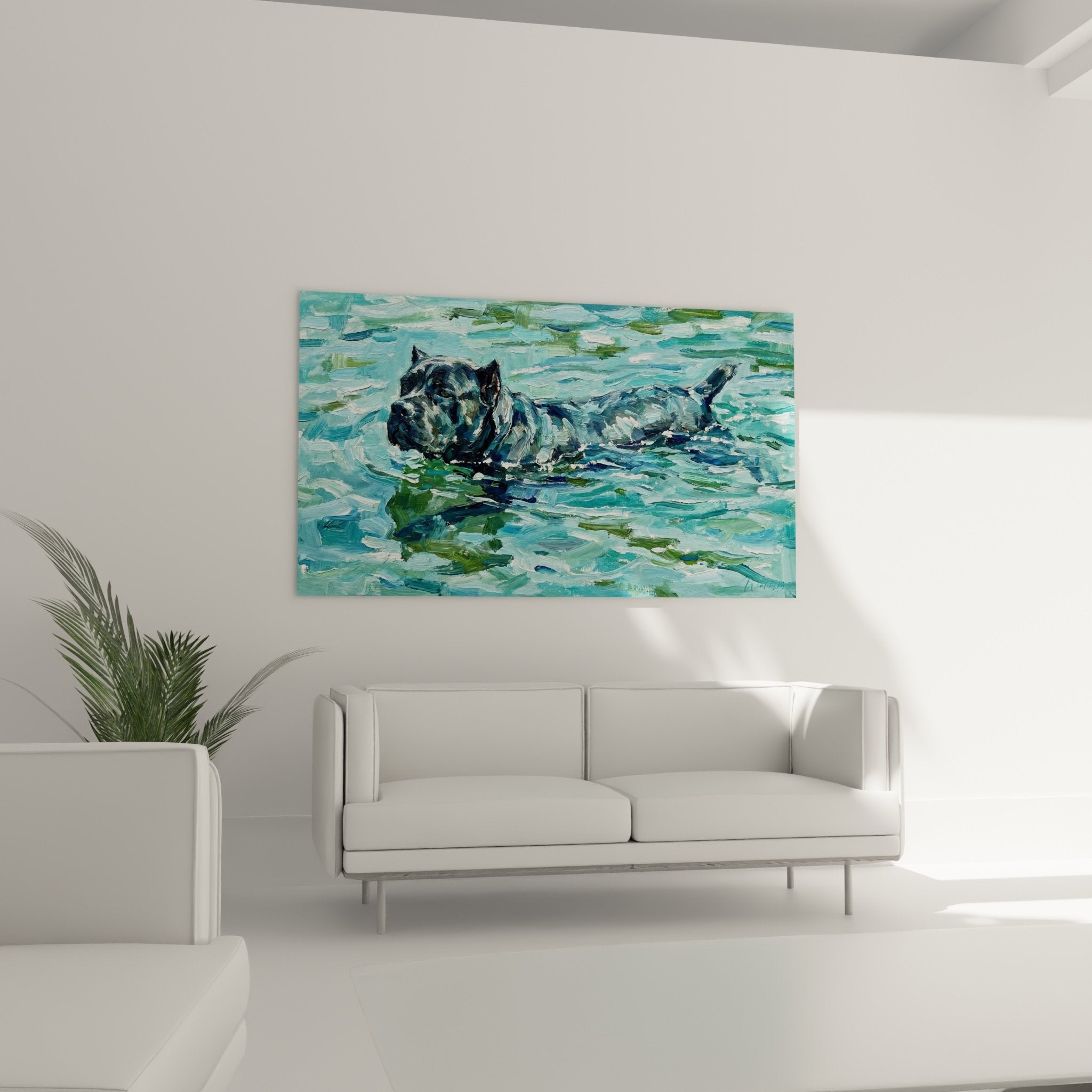 Détail rapproché peinture Cane Corso dans eau, technique impressionniste, coups de pinceau expressifs tons aquatiques