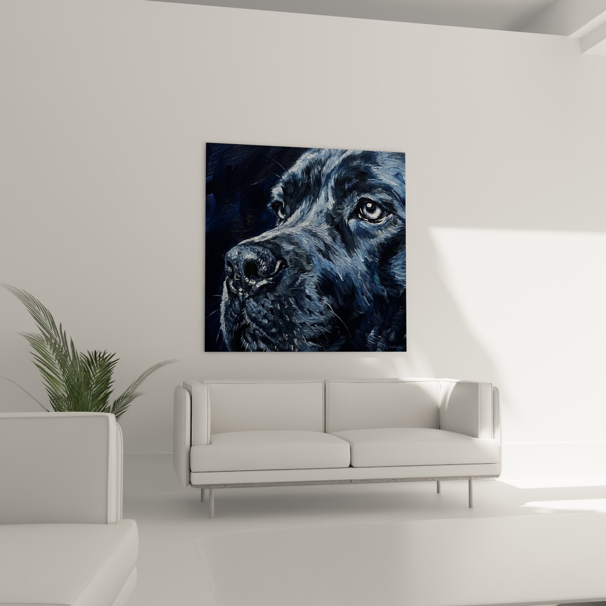 Detail peinture Cane Corso montrant texture empâtements et nuances chromatiques bleues subtiles