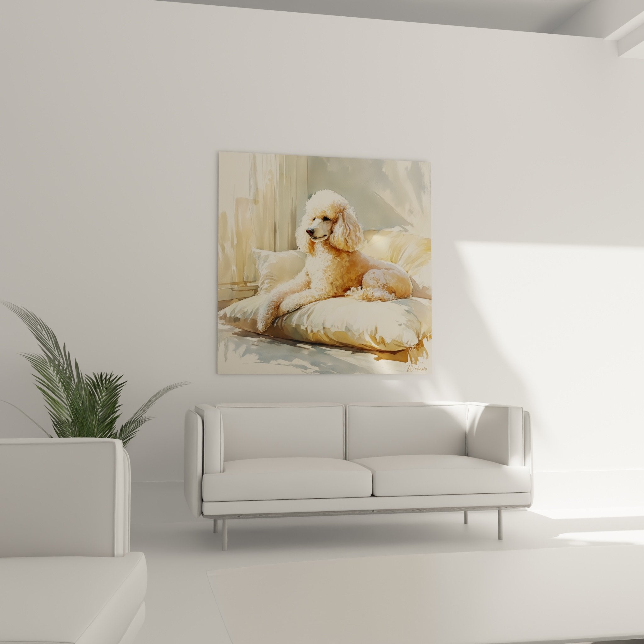 Détail peinture caniche aux boucles crémeuses, texture pelage réaliste, nuances beige et blanc cassé, lumière dorée