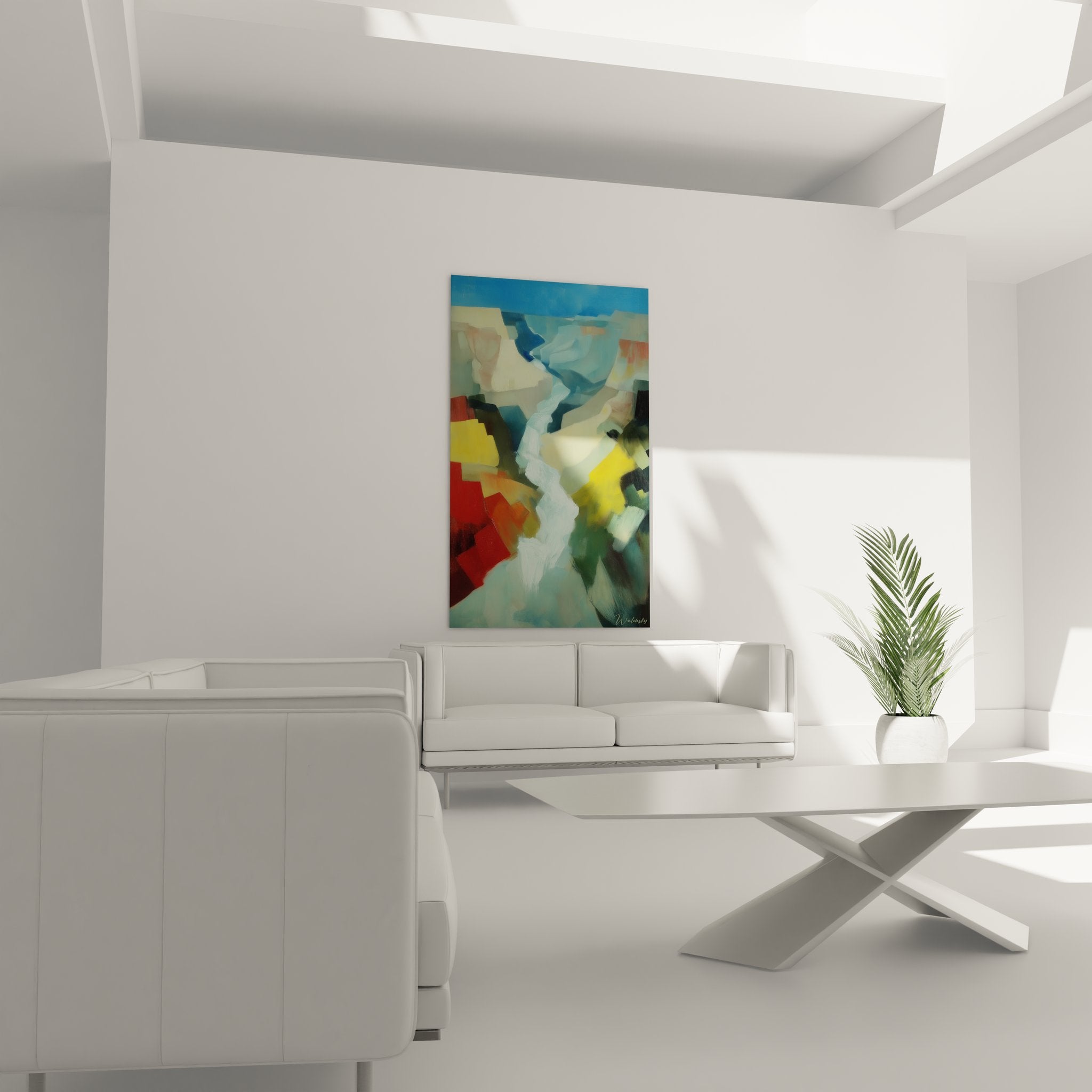 Détail peinture canyon abstrait montrant textures et superpositions couleurs chaudes froides
