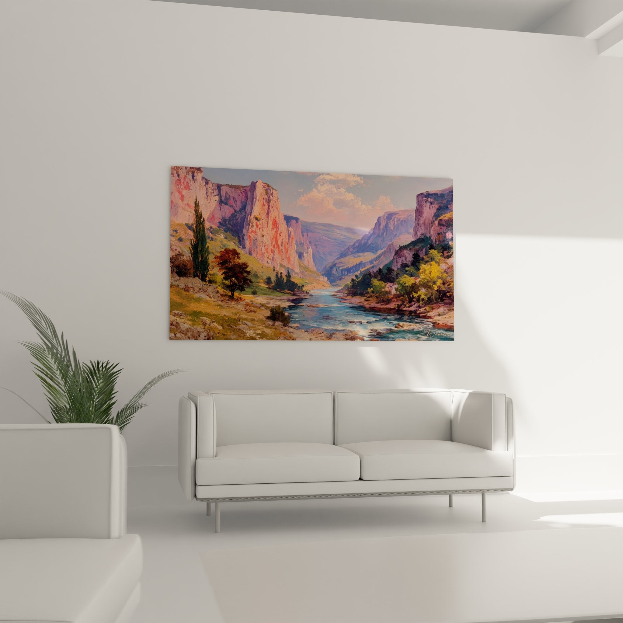 Détail tableau peinture canyon falaises roses technique artistique couleurs chaudes gorges