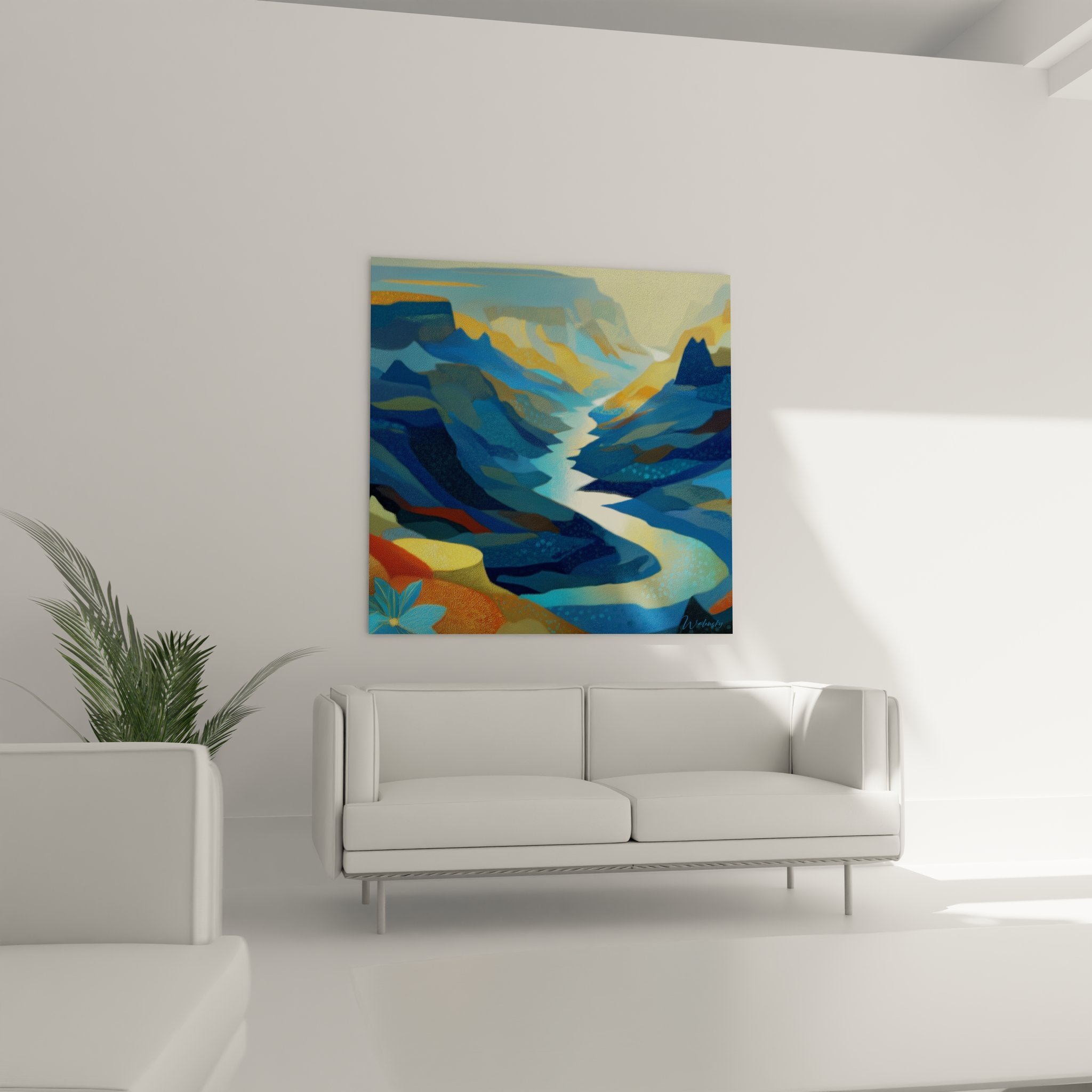 Détail peinture canyon avec reliefs colorés et nuances bleues orangées art contemporain