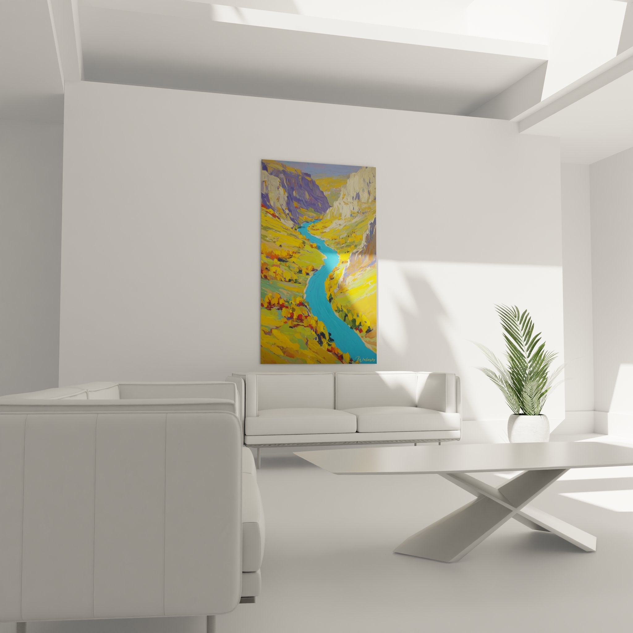 Détail tableau canyon peinture rivière turquoise technique picturale couleurs vives