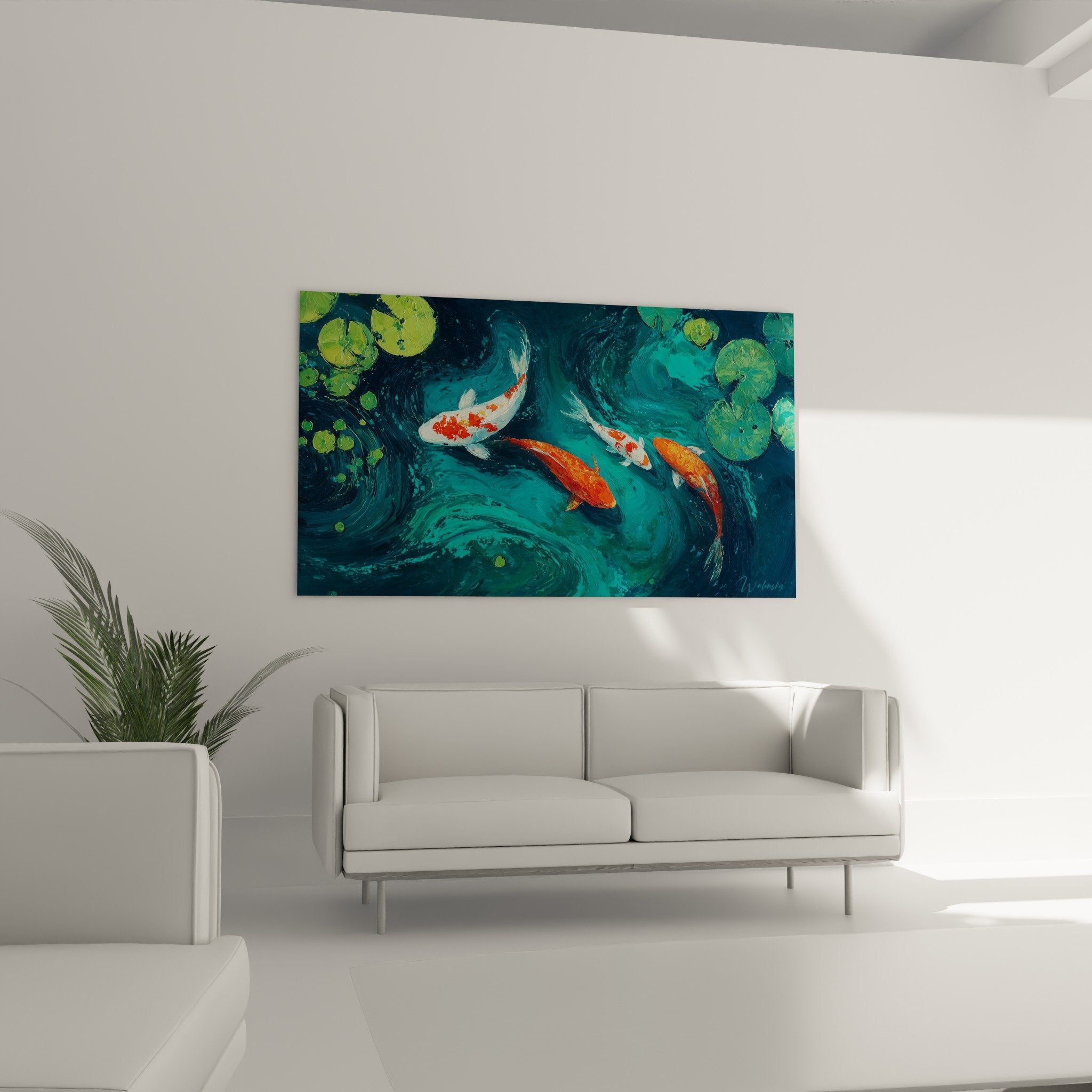 Gros plan peinture carpes koi orange blanc detail nenuphars verts eau turquoise texture artistique