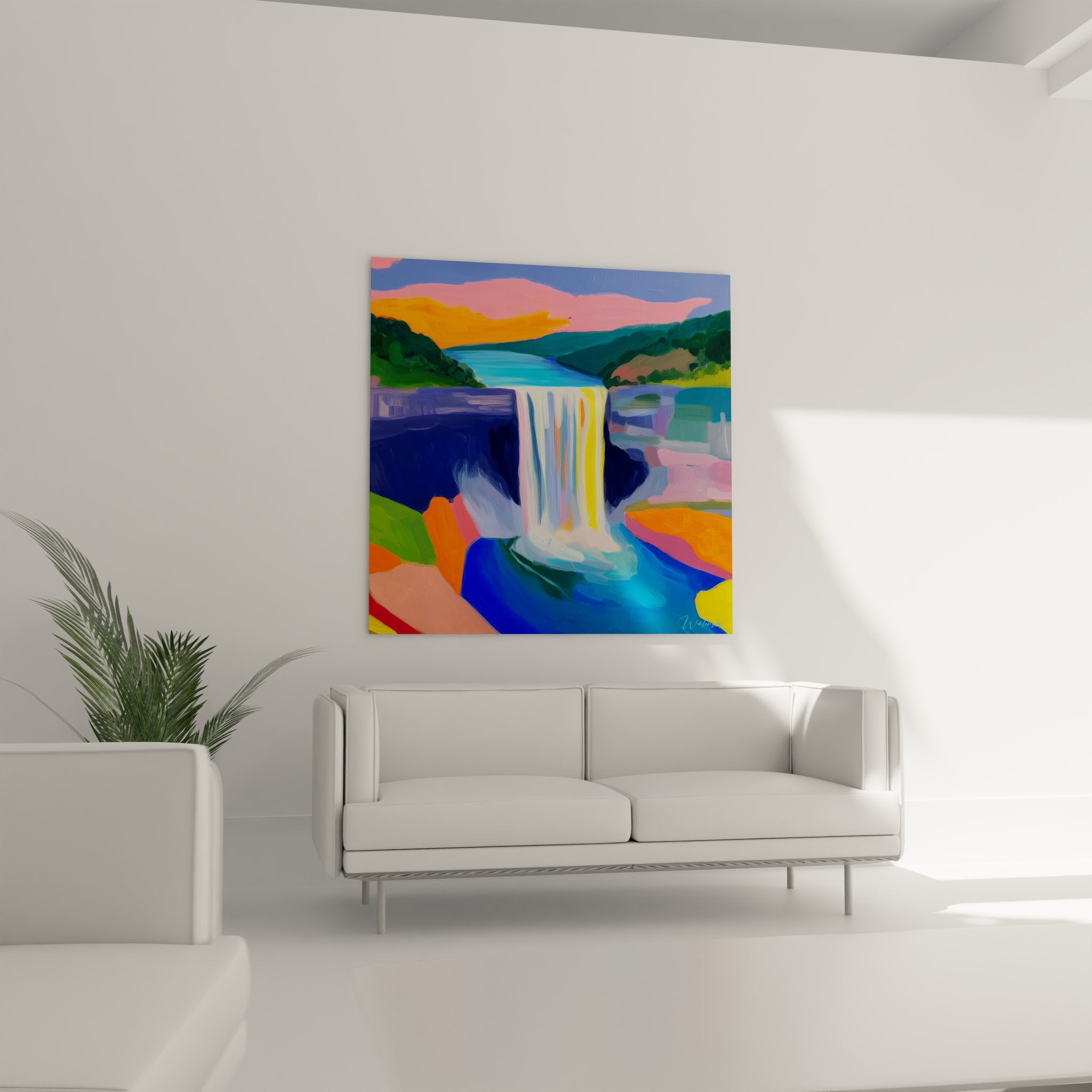 Détail rapproché peinture cascade montrant technique abstraite et palette colorée vibrante