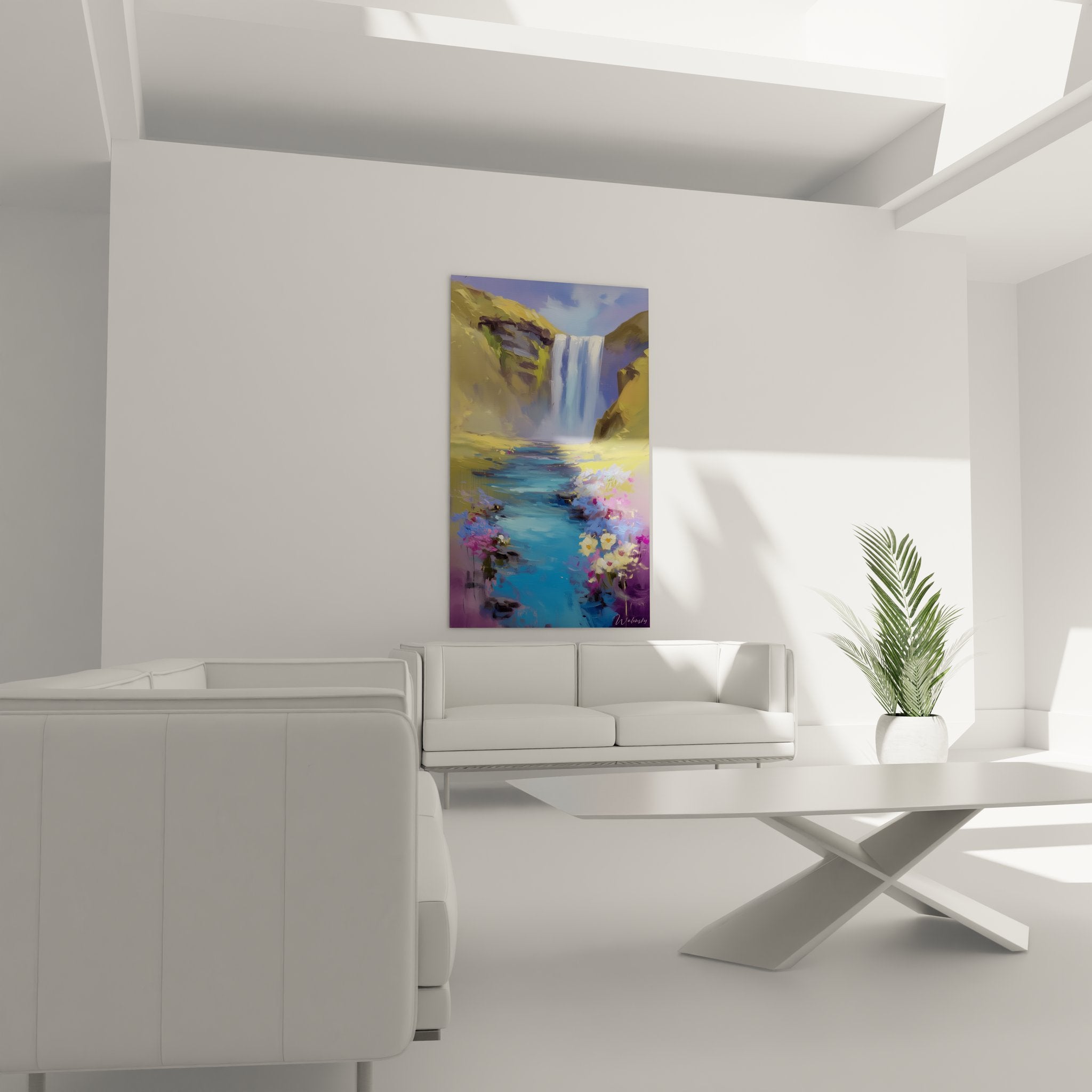 Détail rapproché peinture cascade avec effets d'eau et touches colorées impressionnistes