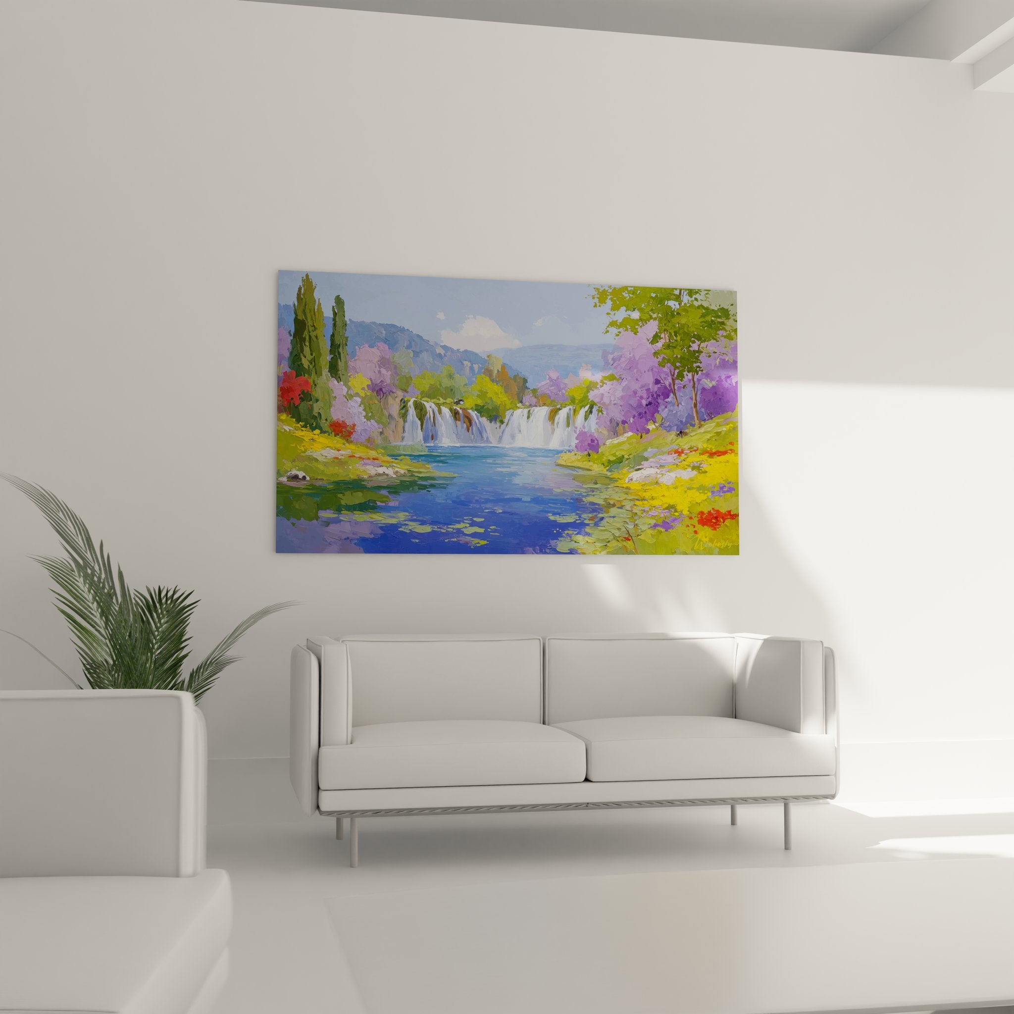Détail peinture cascade avec reflets d'eau cristalline et végétation colorée, art mural haute qualité
