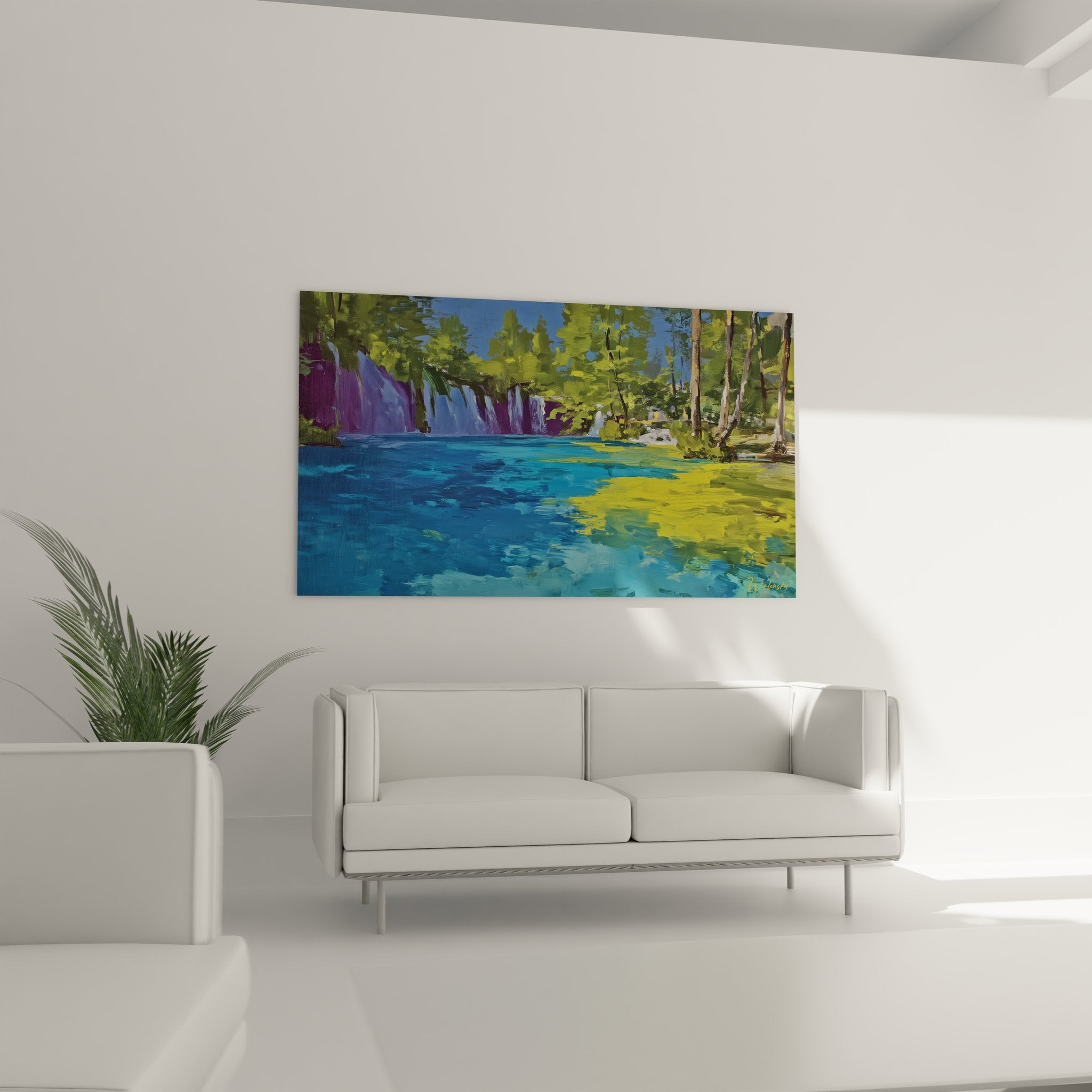 Détail gros plan tableau cascade tropicale, technique picturale reflets eau turquoise et végétation verte