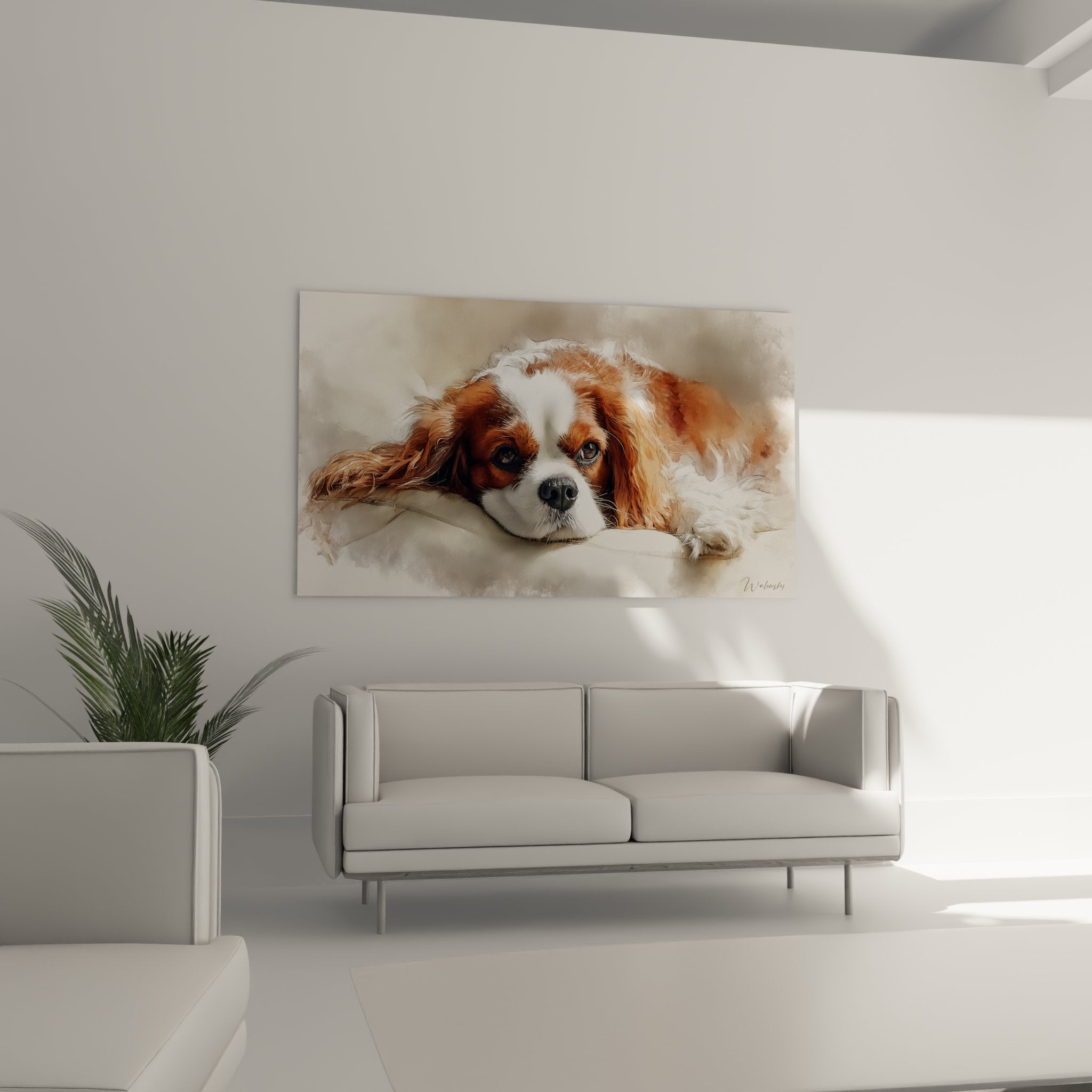 Détail peinture Cavalier King Charles texture pelage soyeux regard expressif technique artistique réaliste