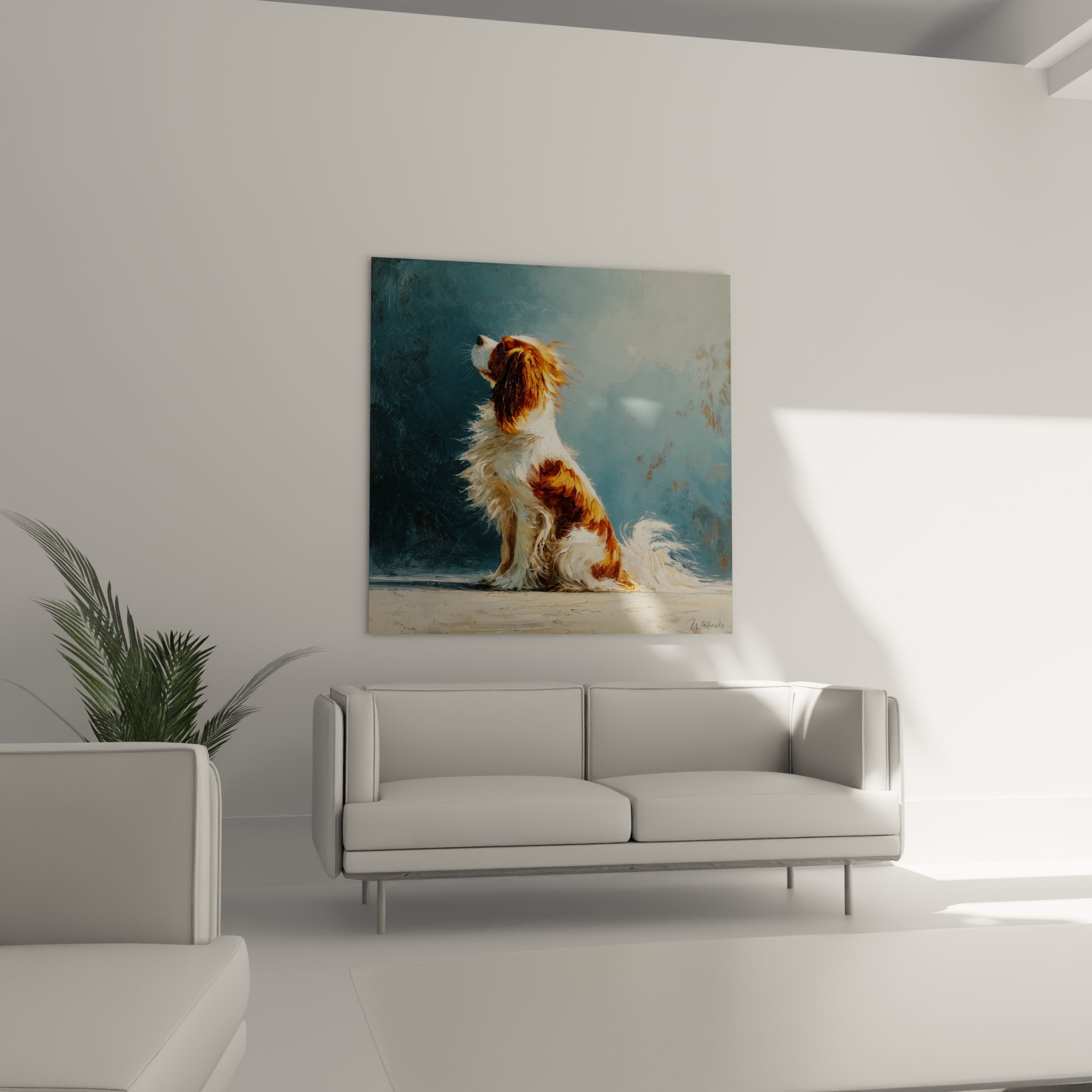 Detail peinture cavalier king charles montrant texture pelage dore et regard expressif