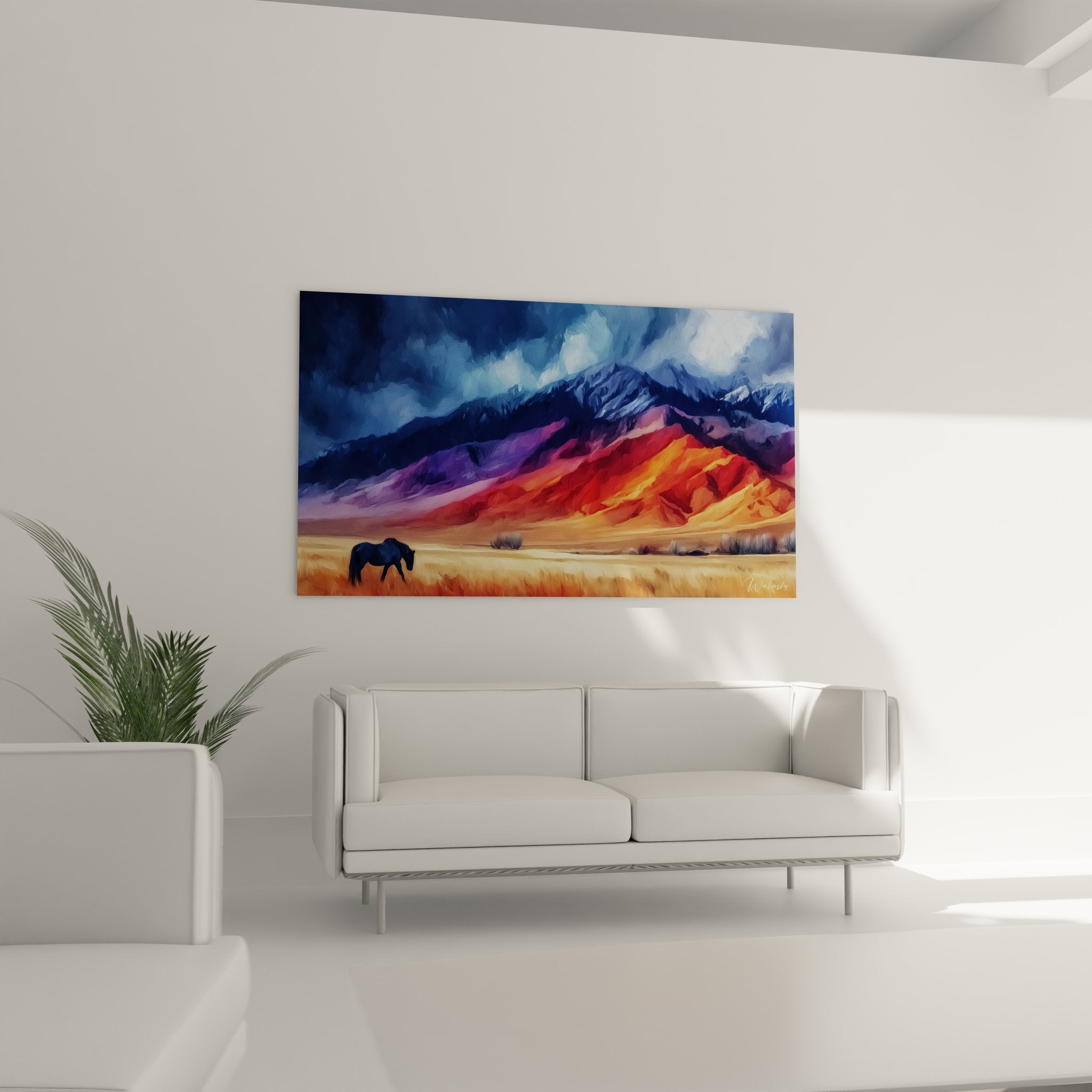 Détail tableau peinture cheval désert couleurs vives montagnes rouge orange violet