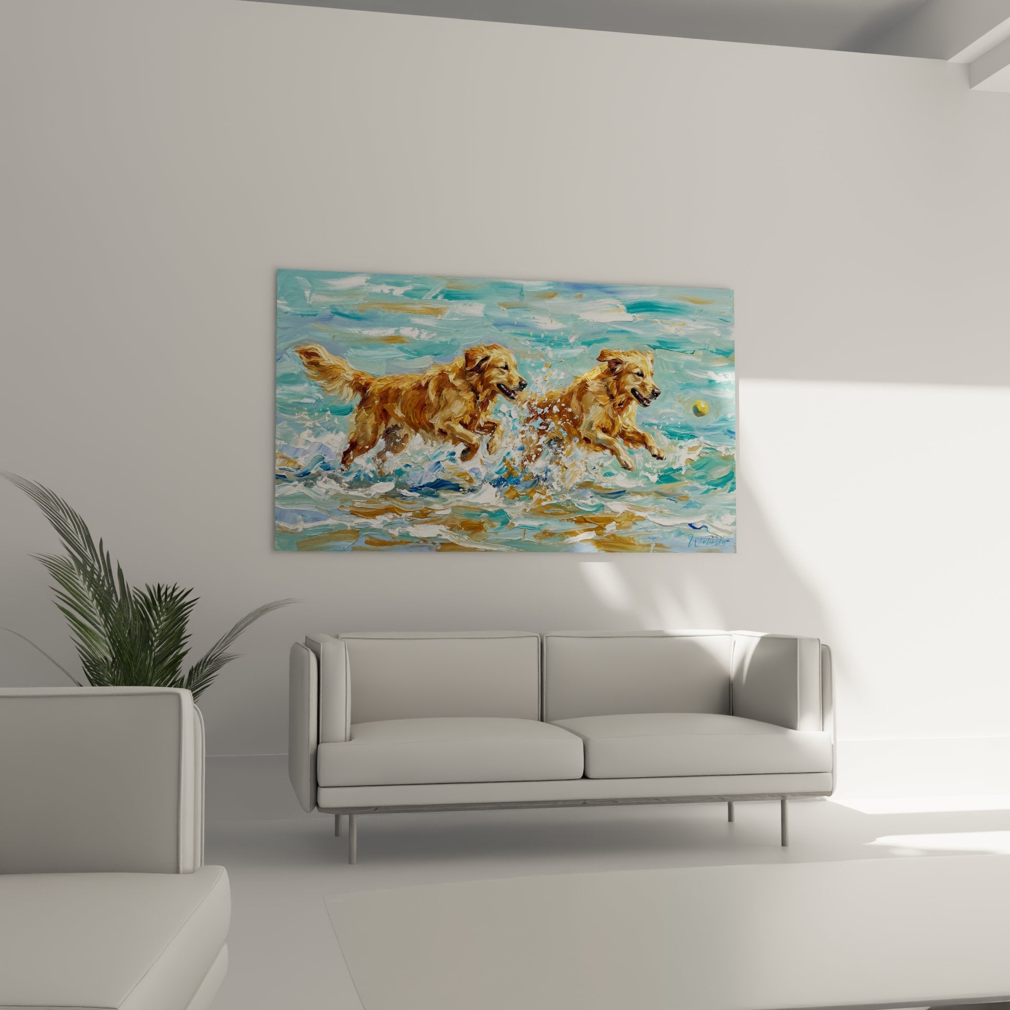 Dettaglio pittura golden retriever - mantello dorato e schizzi d'acqua turchese - tecnica pittorica espressiva