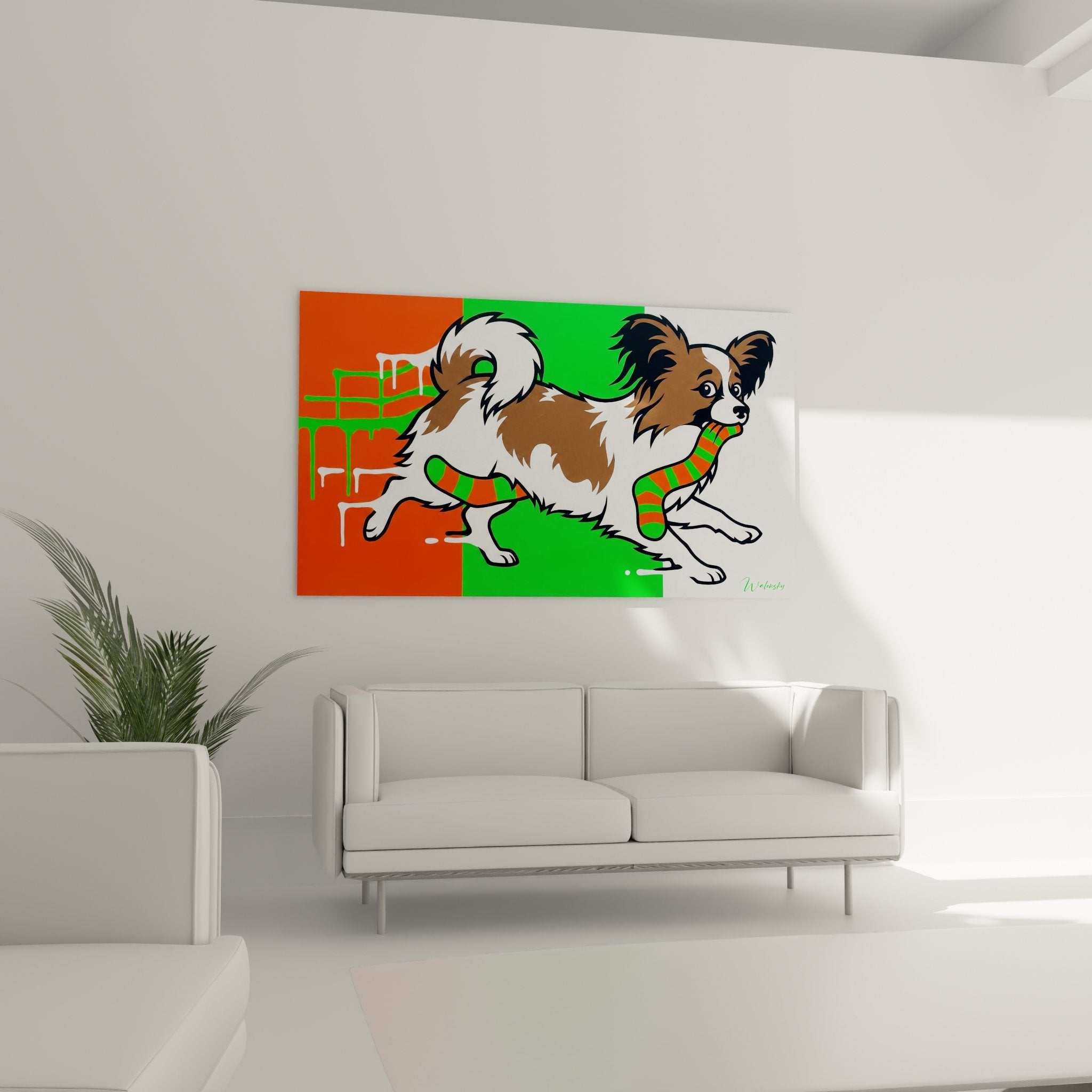 Détail rapproché peinture chien papillon en mouvement écharpe colorée style art contemporain